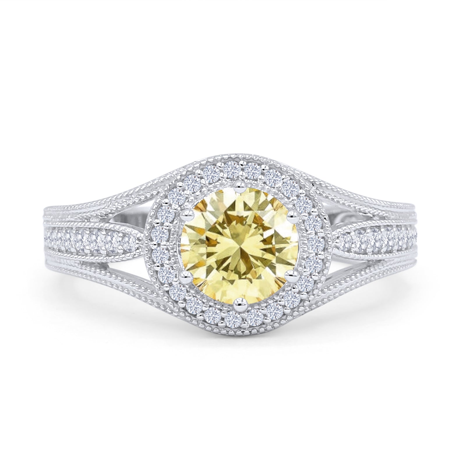 14K White Gold Art Deco Round Halo Split Shank Yellow CZ Bridal Ring – Elegant Wedding Band for Engagement, Anniversary & Special Occasions
