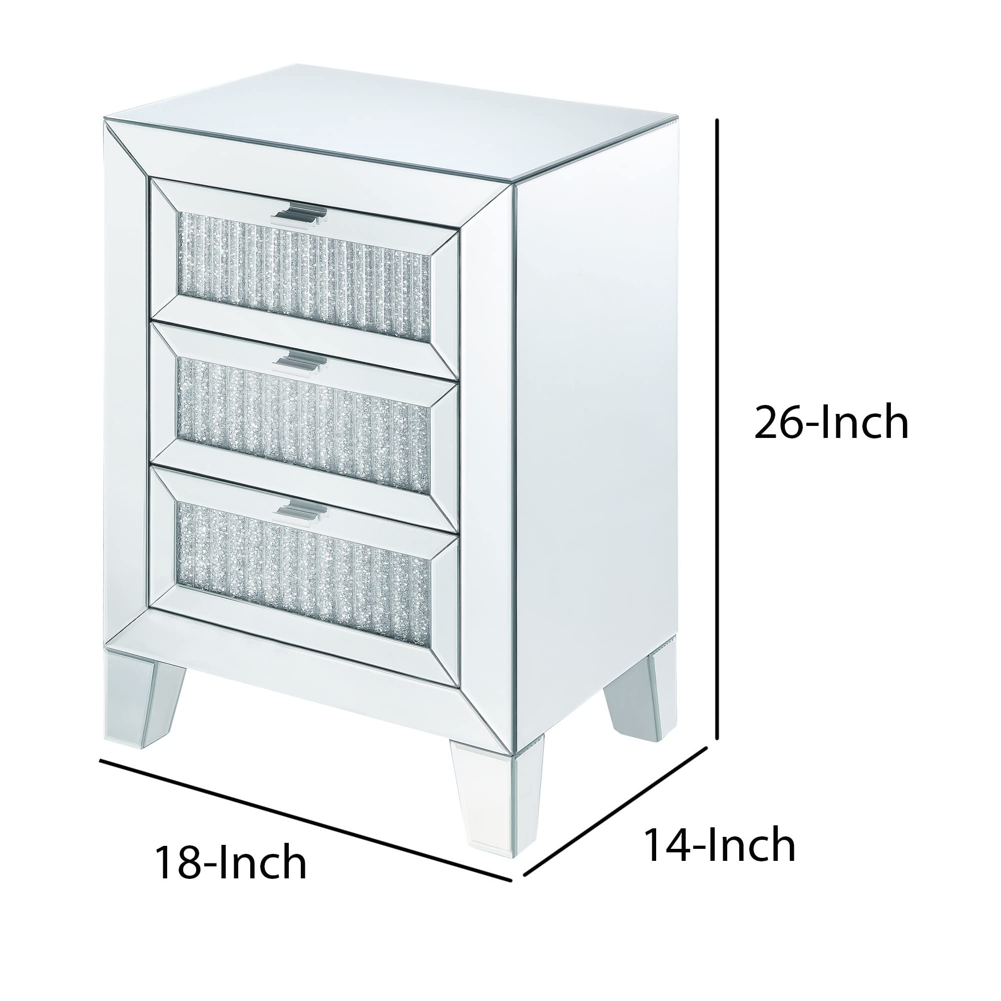 Benjara Modern Wooden Mirrored Nightstand with 3 Drawers in Silver Finish - Perfect for Bedroom, Guest Room, or Vanity Dressing Table