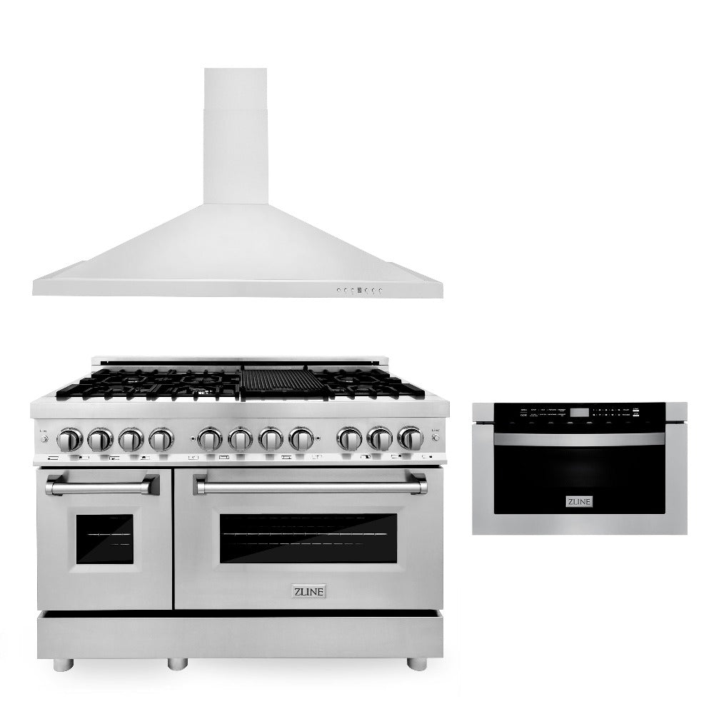 ZLINE 48 Inch Professional Kitchen Package - Stainless Steel Dual Fuel Range, Convertible Range Hood & Built-In Microwave Drawer (3KP RARH48 MW) | Perfect for Home Chefs & Modern Kitchens