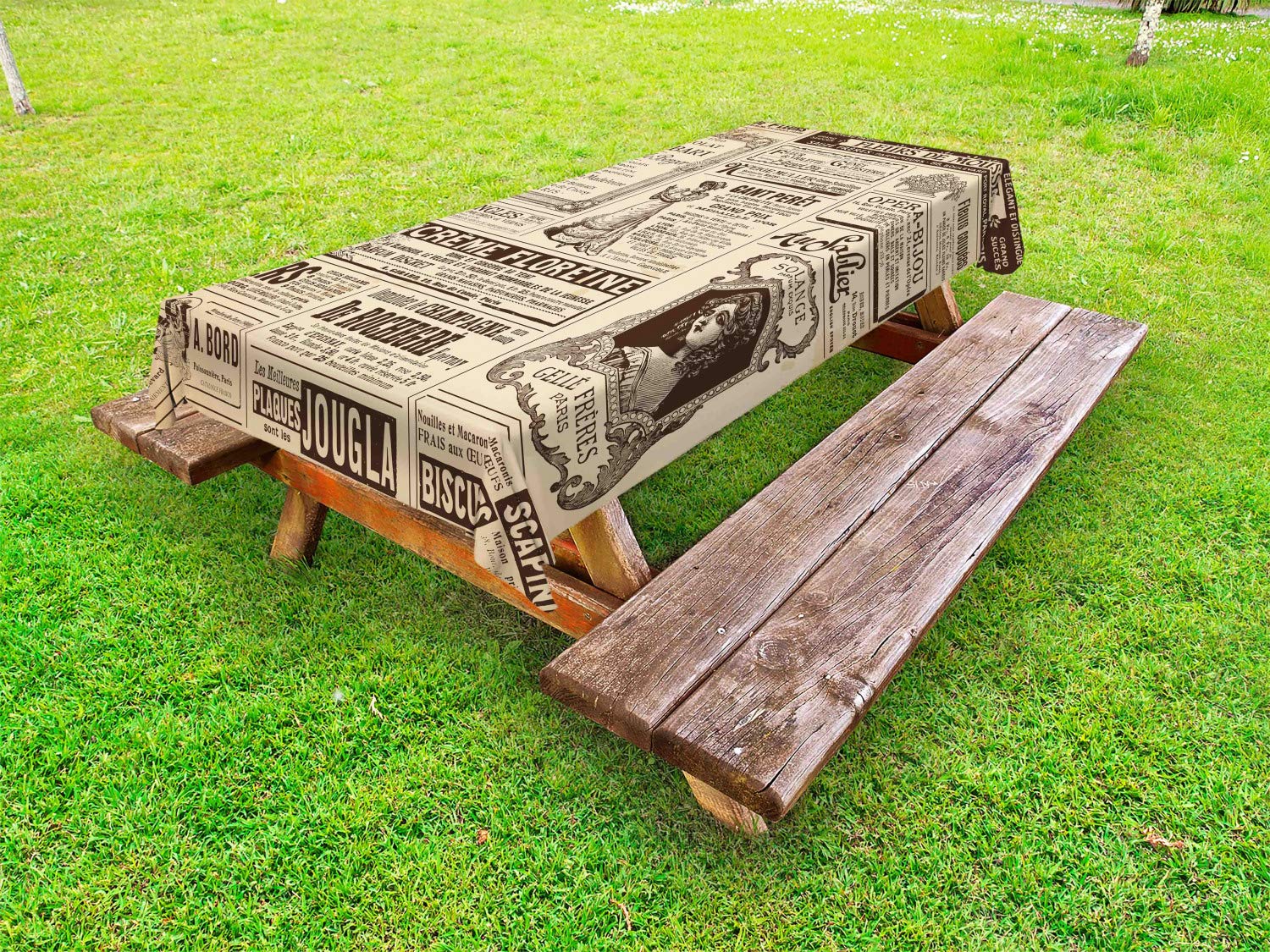 Ambesonne Vintage French Newspaper Print Outdoor Tablecloth - Washable Picnic Table Cover 58x84 inches in Army Green & Beige - Perfect for Garden Parties, BBQs, and Parisian-Themed Events