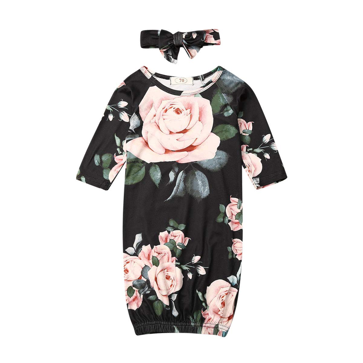 Newborn Baby Girl & Boy Floral Print Cotton Sleep Gown with Headband Outfit - Soft & Comfortable Infant Pajamas for Hospital, Photo Shoots & Home Wear