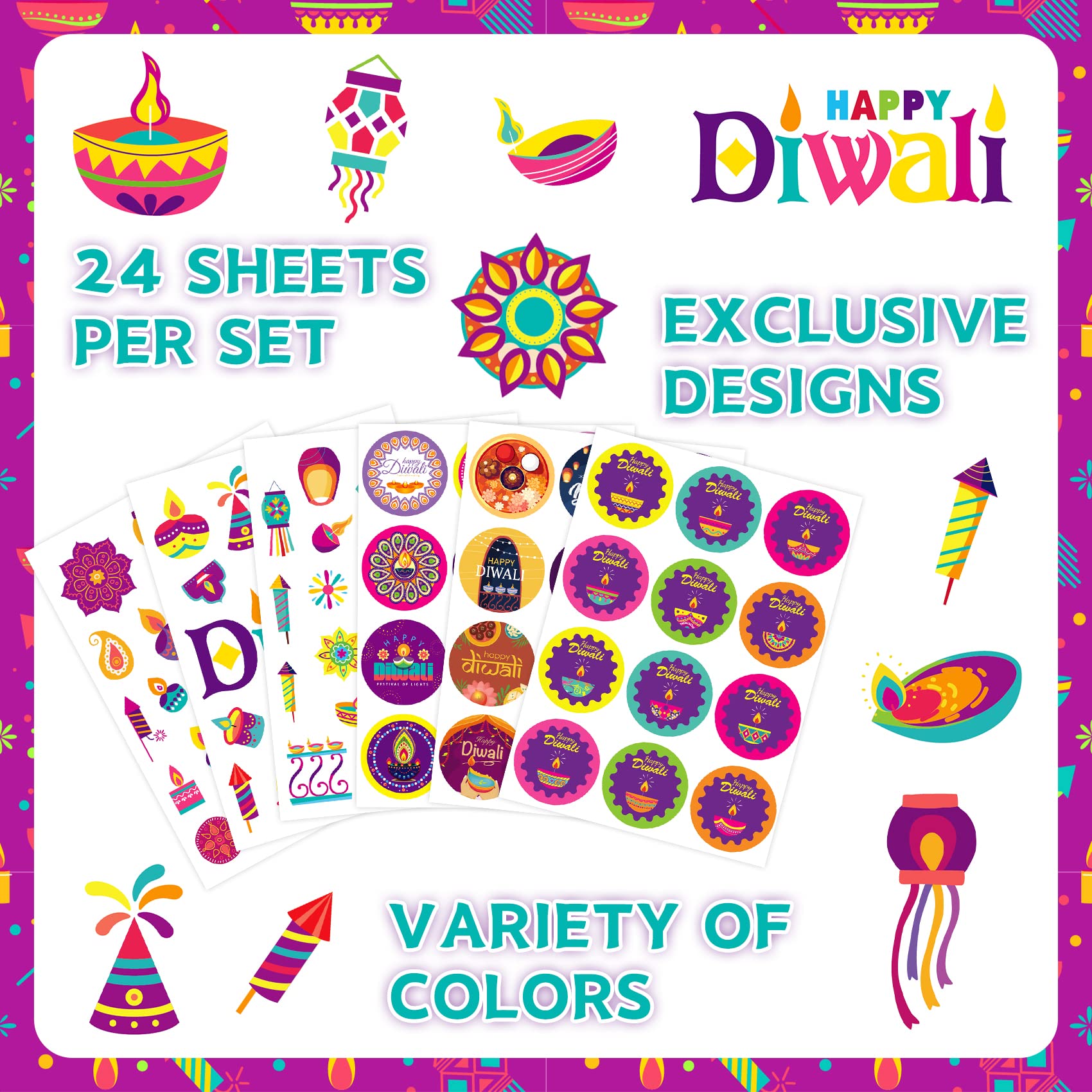 Joy Bang Diwali Stickers for Kids - 24 Sheets of Rangoli, Diya & Happy Diwali Stickers - Perfect for Cards, Gift Boxes, Bags & Party Favors - Great for Diwali Celebrations, School Projects & Festive Decorations