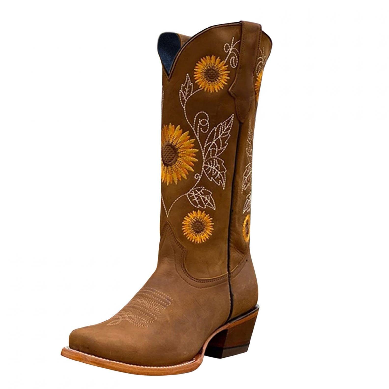 Kaitobe Women's Cowgirl Boots - Embroidered Low Heel Chunky Ankle Boots for Winter | Warm & Stylish Western Boots for Casual Outfits, Country Music Festivals, and Rodeo Events