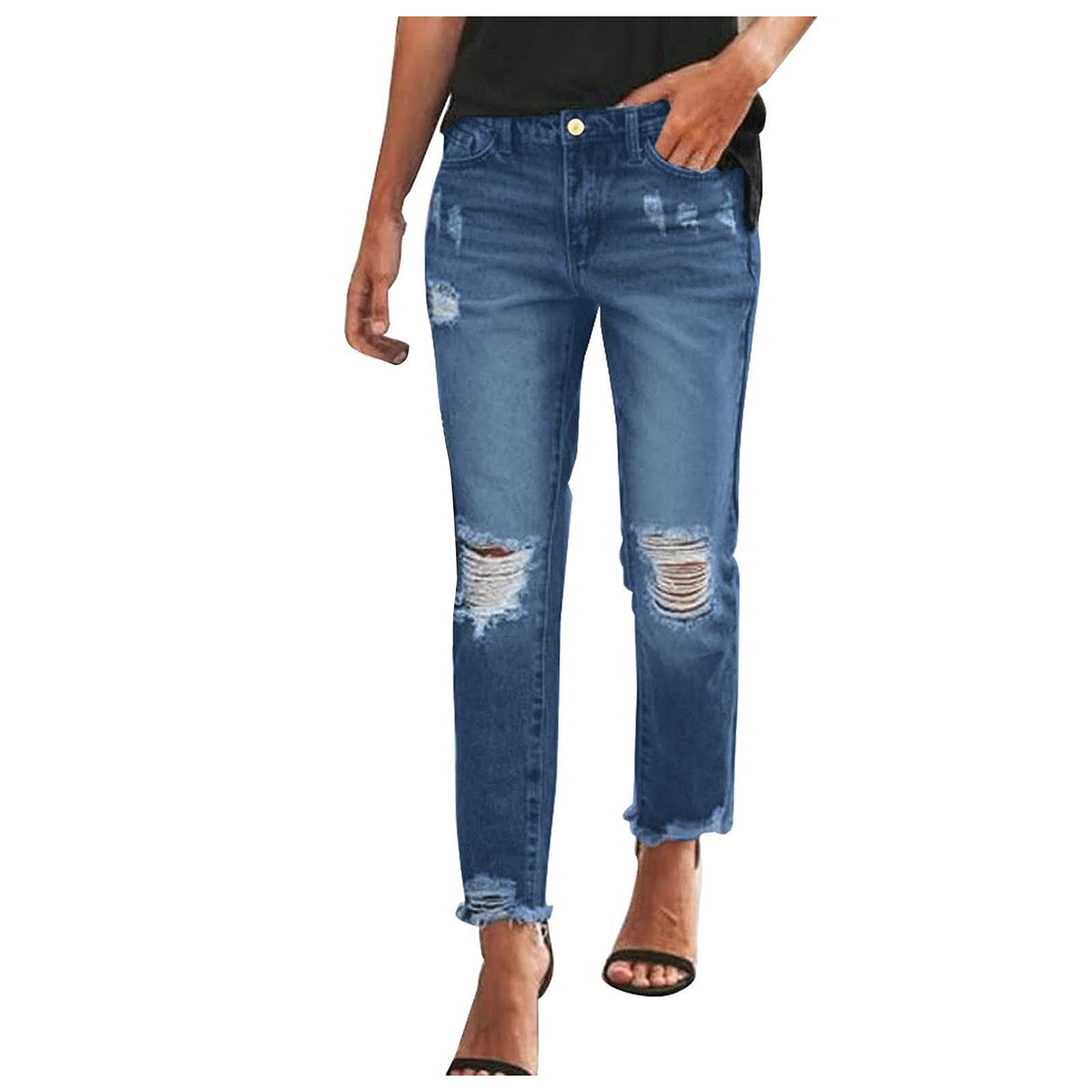 Women's Relaxed Skinny Jeans with Raw Hem - Ripped & Distressed Stretch Jeggings in Vintage Wash | Perfect for Casual Outfits, Date Nights & Street Style Fashion