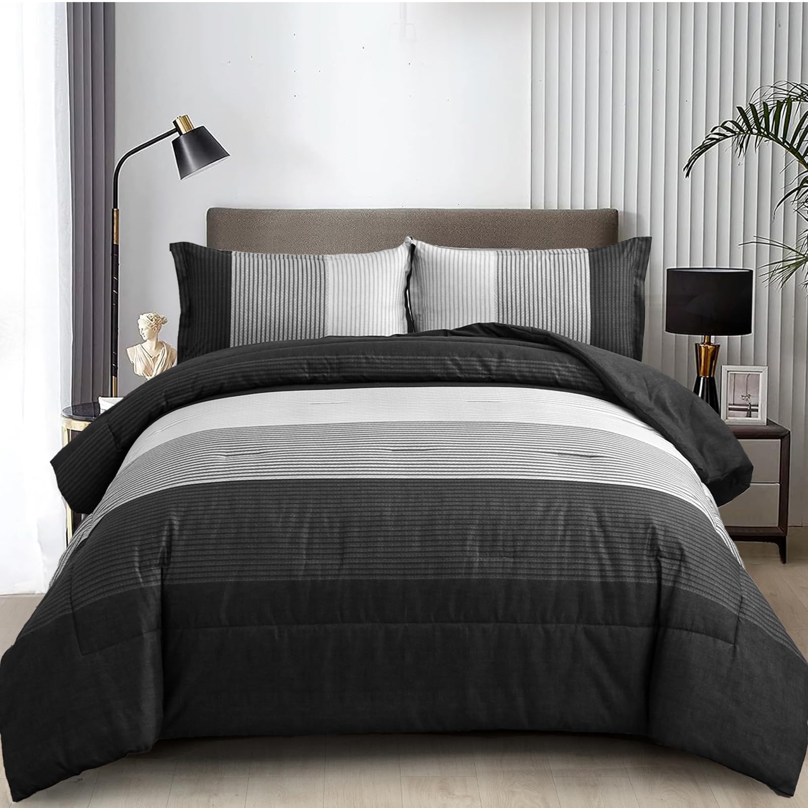 WONGS BEDDING King Size Black Comforter Set - Reversible Black Striped Down Alternative Duvet Cover with 2 Pillowcases (104