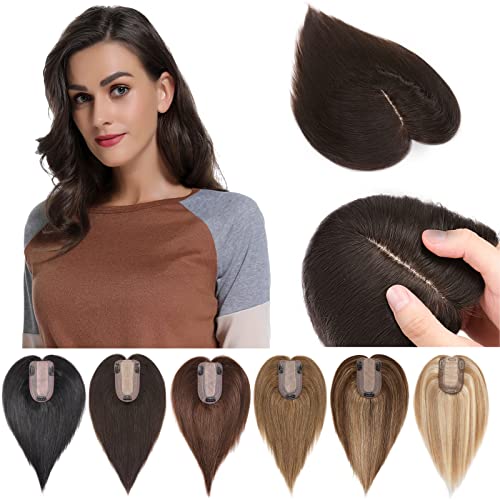 SEGO 100% Real Human Hair Toppers for Women - Clip-in Hairpiece with Silk Base, 150% Density, 14 Inch, Dark Brown (Color #2) - Perfect for Thinning Hair, Daily Styling & Special Occasions