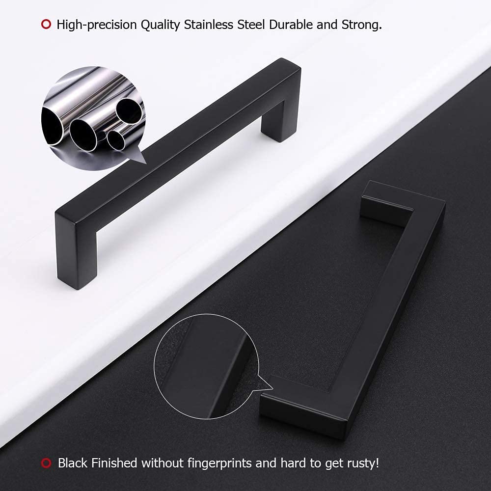 Black Cabinet Handles 5 Inch (128mm) Square Pulls - 2 Pack HDJ12BK - Modern Cabinet Hardware for Kitchen, Bathroom & Furniture - Durable Matte Black Finish for Drawers & Cabinet Doors