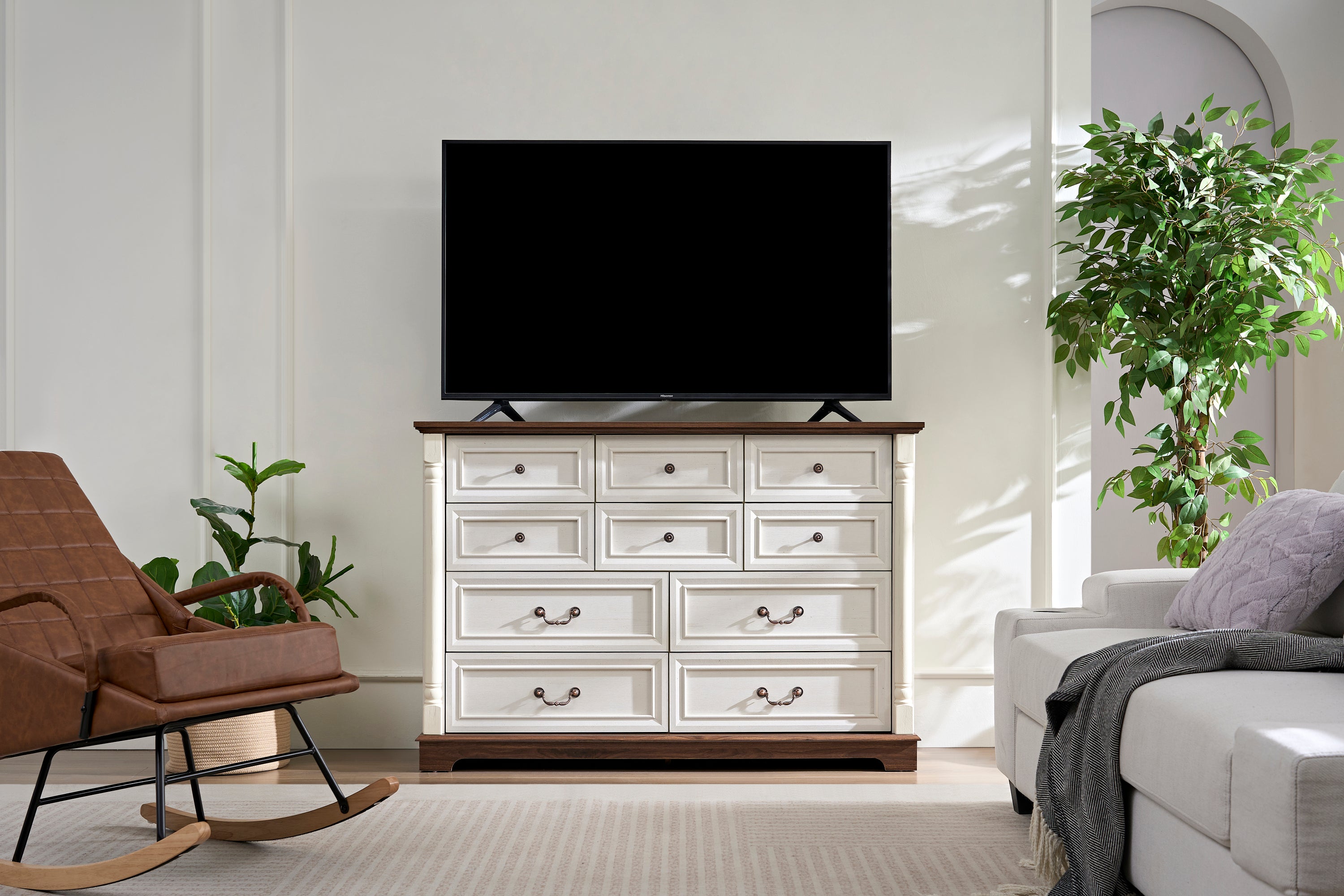 10-Drawer Wooden Dresser Chest with Rustic Base & Riser Trim - Bedroom Storage Organizer for Clothes, Linens & Accessories | Perfect for Master Bedroom, Guest Room & Living Room Furniture Arrangement