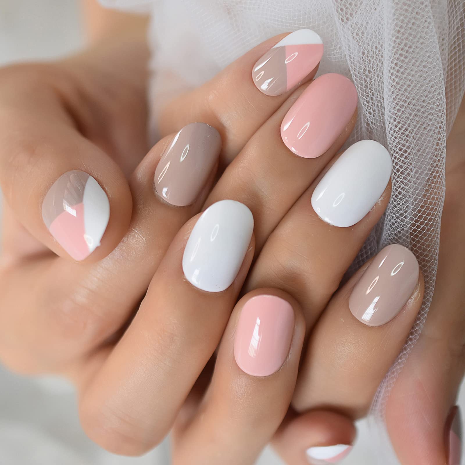 French Tip Press On Nails Short Round - Full Cover False Nails with Adhesive Sticker - Natural Pink White & Nude Colors - Perfect for School, Office, Home & Special Occasions
