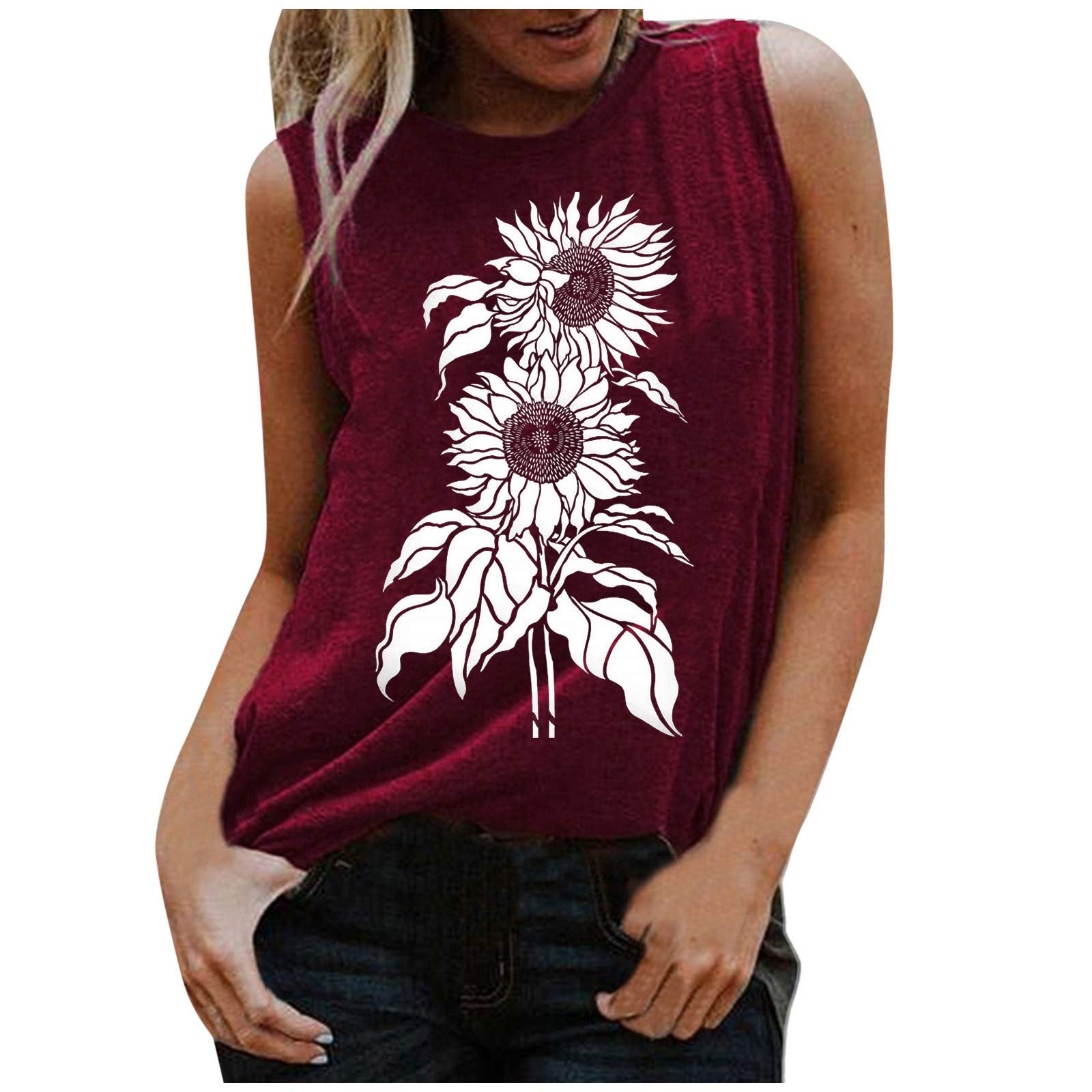 Women's White Tank Tops - Casual Sleeveless Printed Sunflower Daisy Blouse - Soft Cotton O-Neck Shirt for Summer, Beach, and Everyday Wear