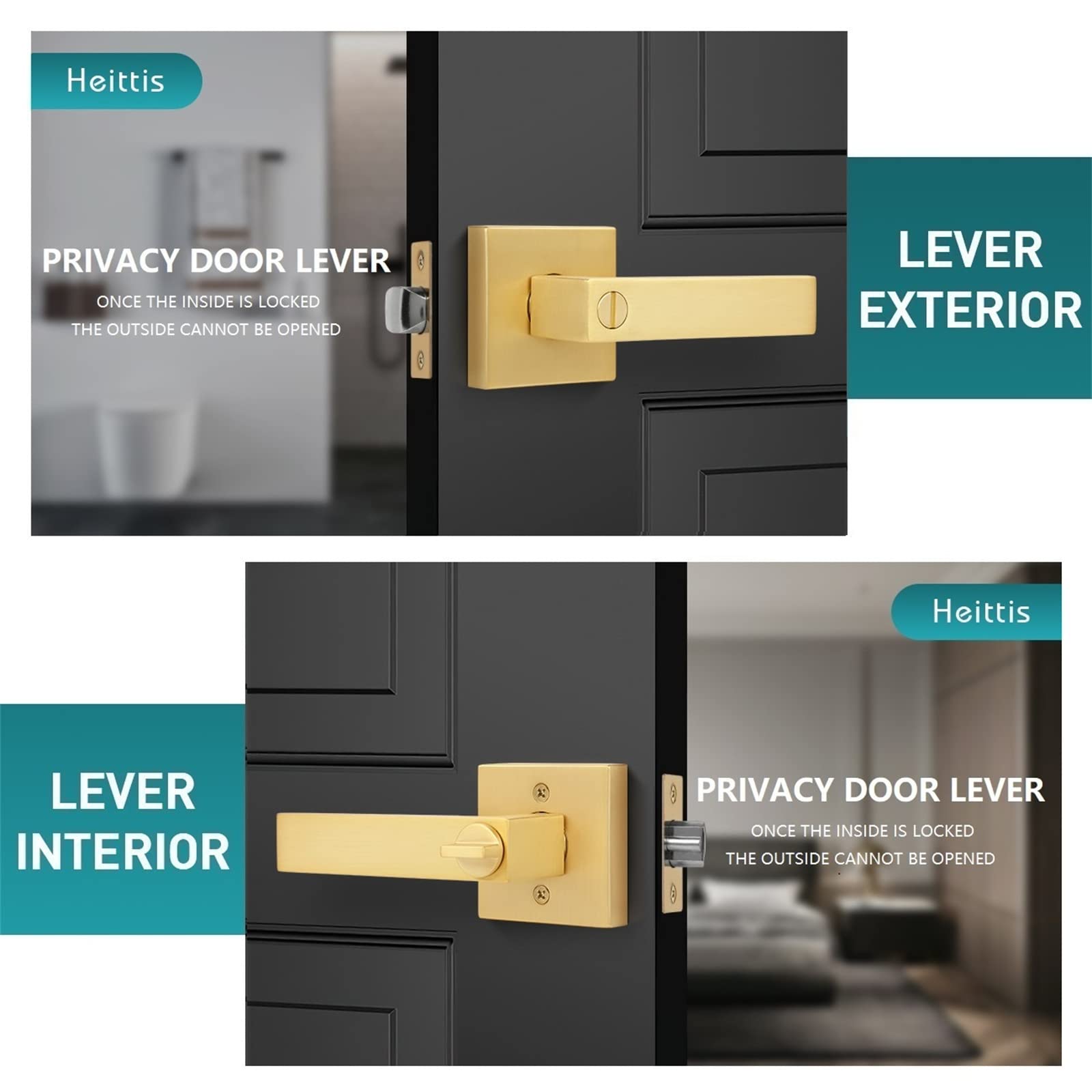 4 Pack Heavy Duty Square Privacy Door Locks - Gold Bathroom/Bedroom Keyless Entry Lever Handle (Left/Right Reversible) - Perfect for Home, Office, Hotel & Commercial Spaces