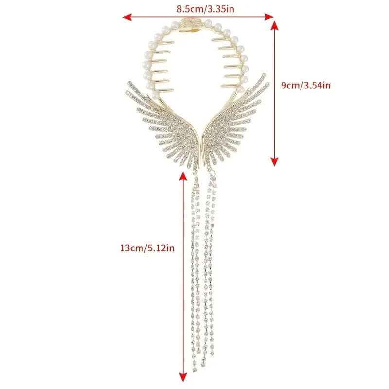 1 Pcs Rhinestone Wings Banana Clip - Alloy Hair Claw Bun Holder with Tassel - Vintage Hair Accessories for Women, Party, Wedding & Special Occasions