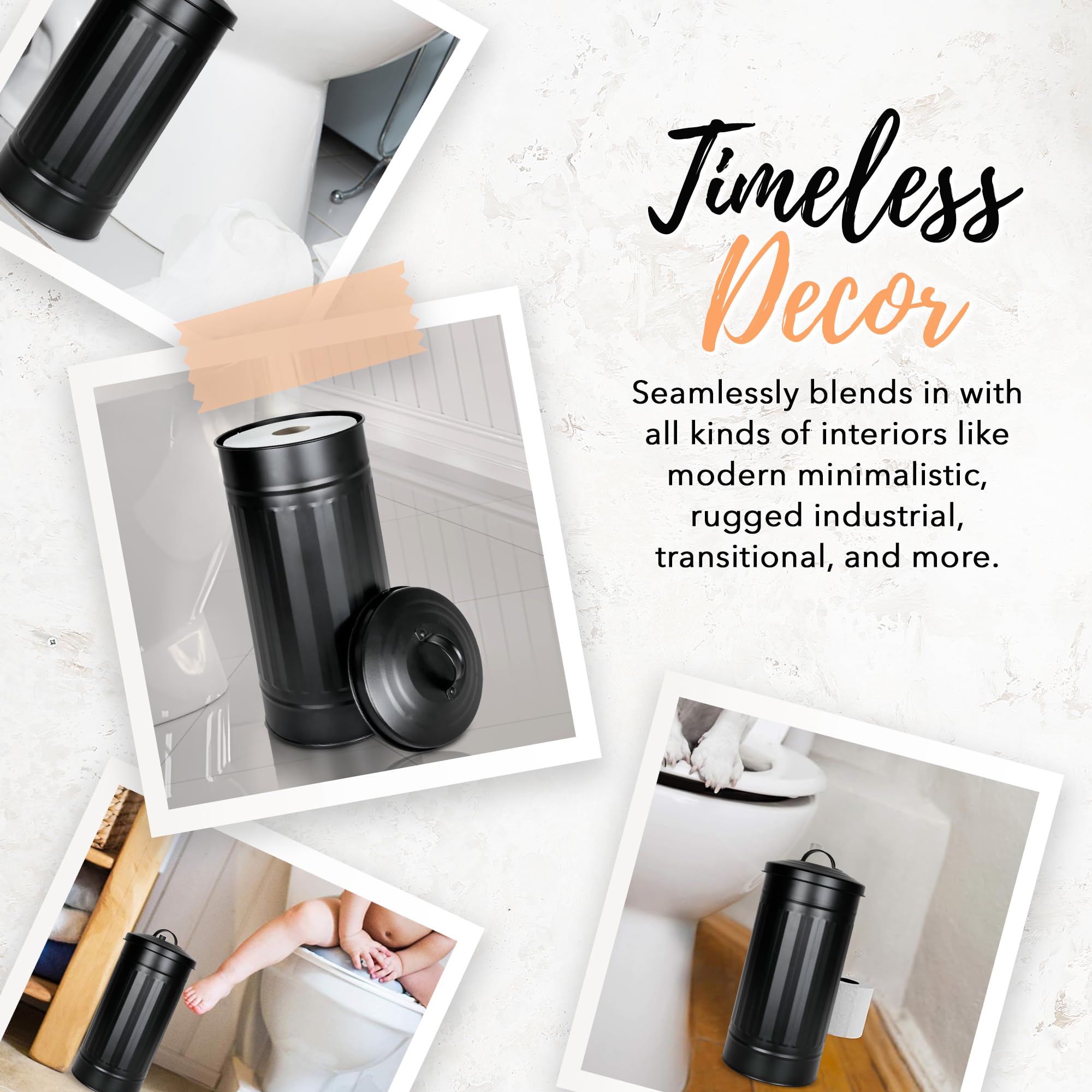 Rustproof Black Metal Toilet Paper Holder with Lid – Farmhouse Style Free-Standing Canister for Mega Rolls | Enclosed Bathroom Storage for Rustic & Modern Homes | Perfect for Guest Bathrooms, RV, and Farmhouse Decor