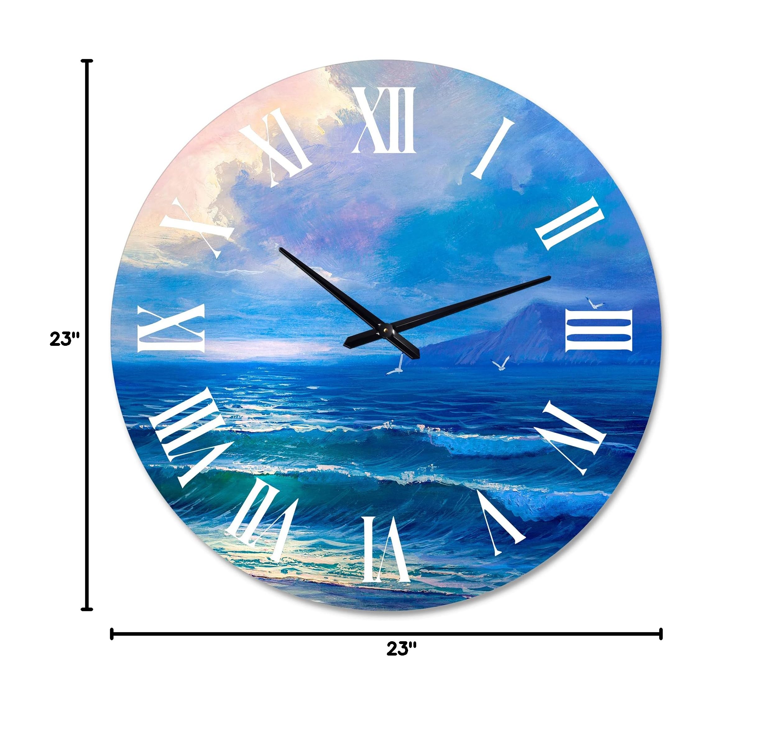DesignQ Coastal Wall Clock - 'Morning Sunlight On The Sea Waves I' - 12 Inch Round Nautical Decor for Living Room, Bedroom & Office - Blue Ocean Theme Clock for Beach House & Coastal Style Homes