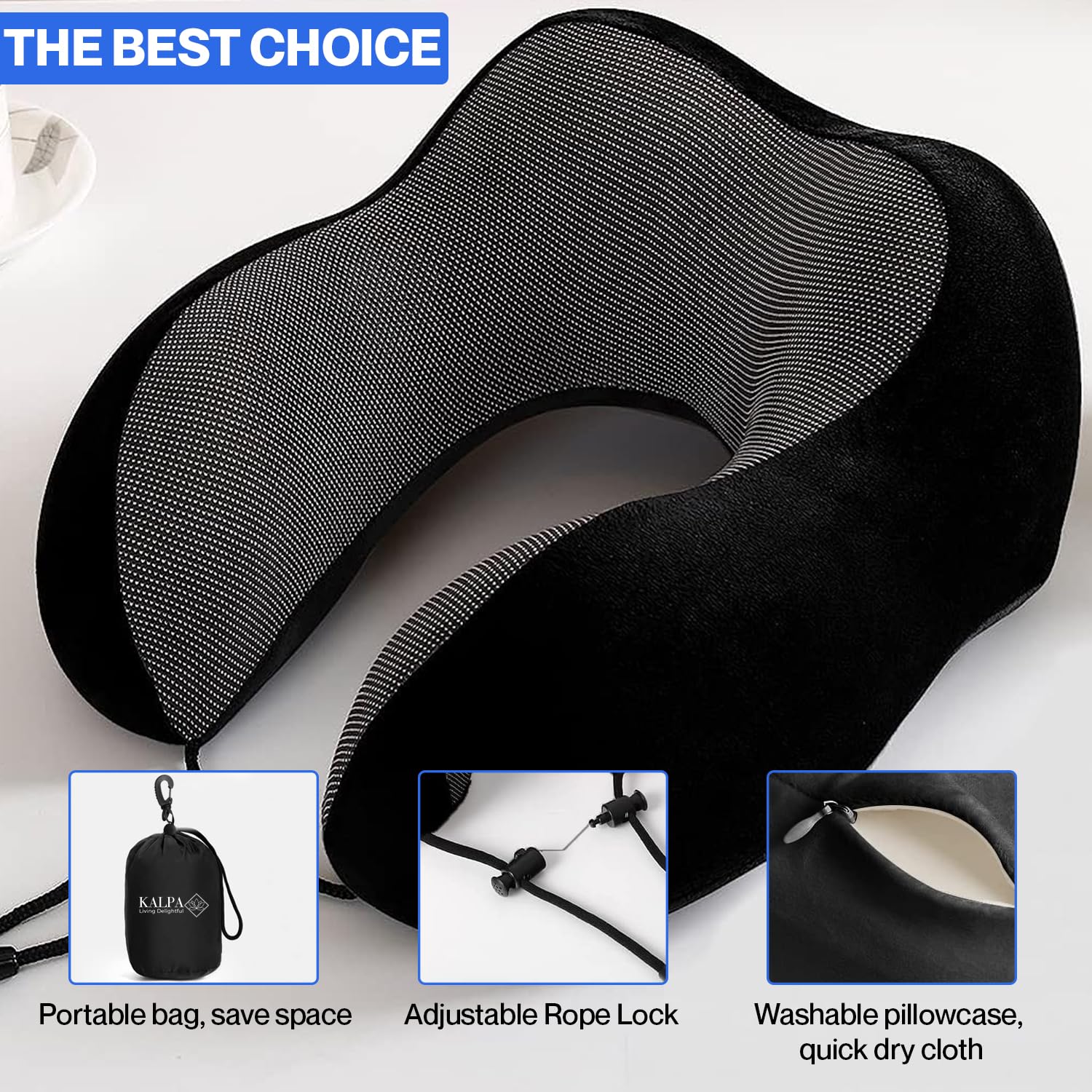 **Kalpa Living Deluxe Memory Foam Travel Neck Pillow - Ultra Comfortable Head & Neck Support for Airplane, Car & Office - 4-in-1 Travel Pillow Set with Carabiner (Stylish Black) - Perfect for Long Flights, Road Trips & Work Breaks**