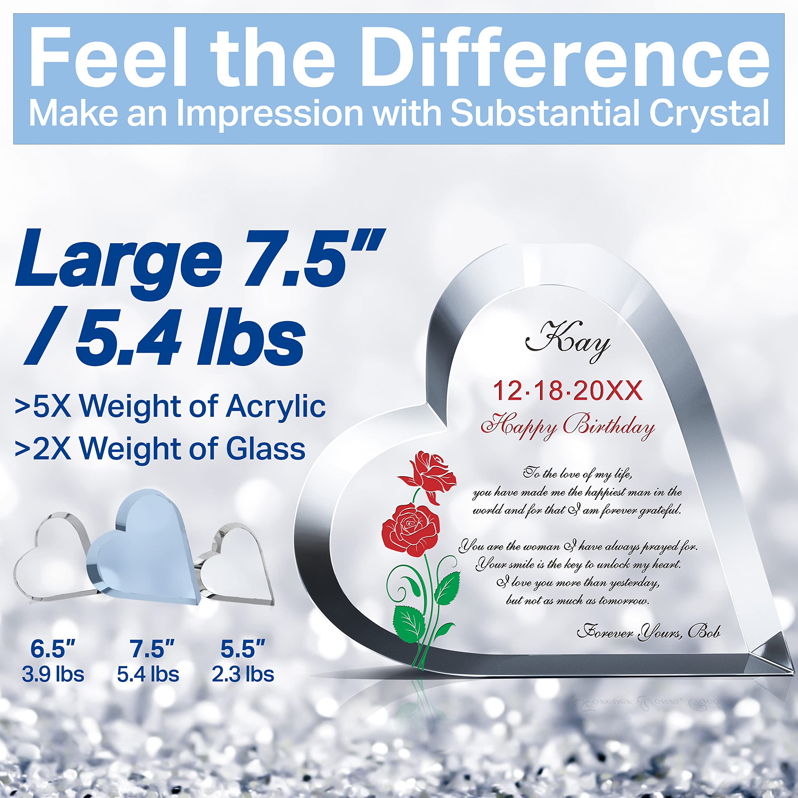 Personalized Crystal Heart Engraved with Love Message - Custom Birthday Gift for Wife, Girlfriend, Anniversary, Christmas - 7.5 Inch Keepsake for Romantic Occasions, Valentine's Day & Special Moments