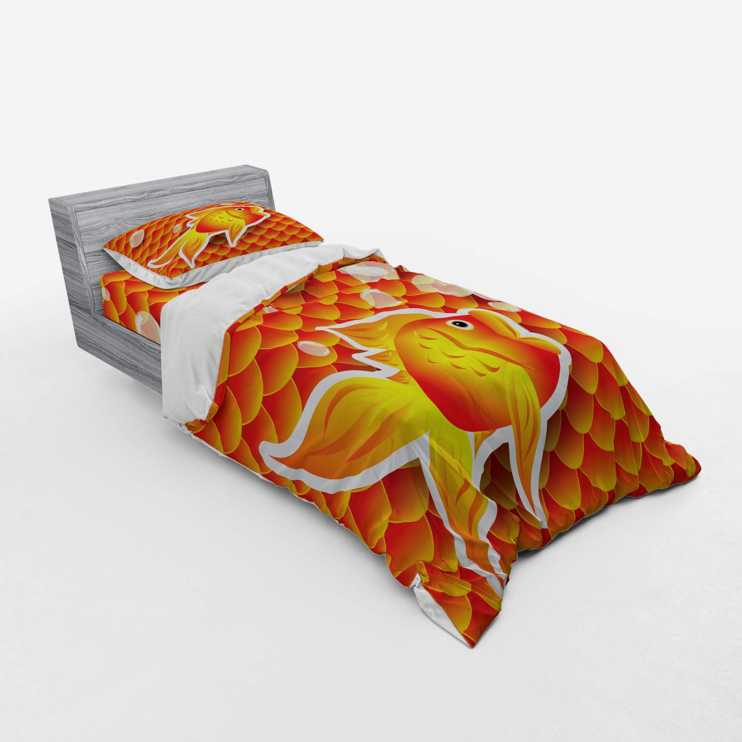 Ambesonne Orange Duvet Cover Set - Small Goldfish & Bubble Nautical Sea Print, 3-Piece Twin XL Bedding Set with Sham & Fitted Sheet in Burnt Orange | Perfect for Coastal Themed Bedrooms, Kids' Rooms & Beach House Decor