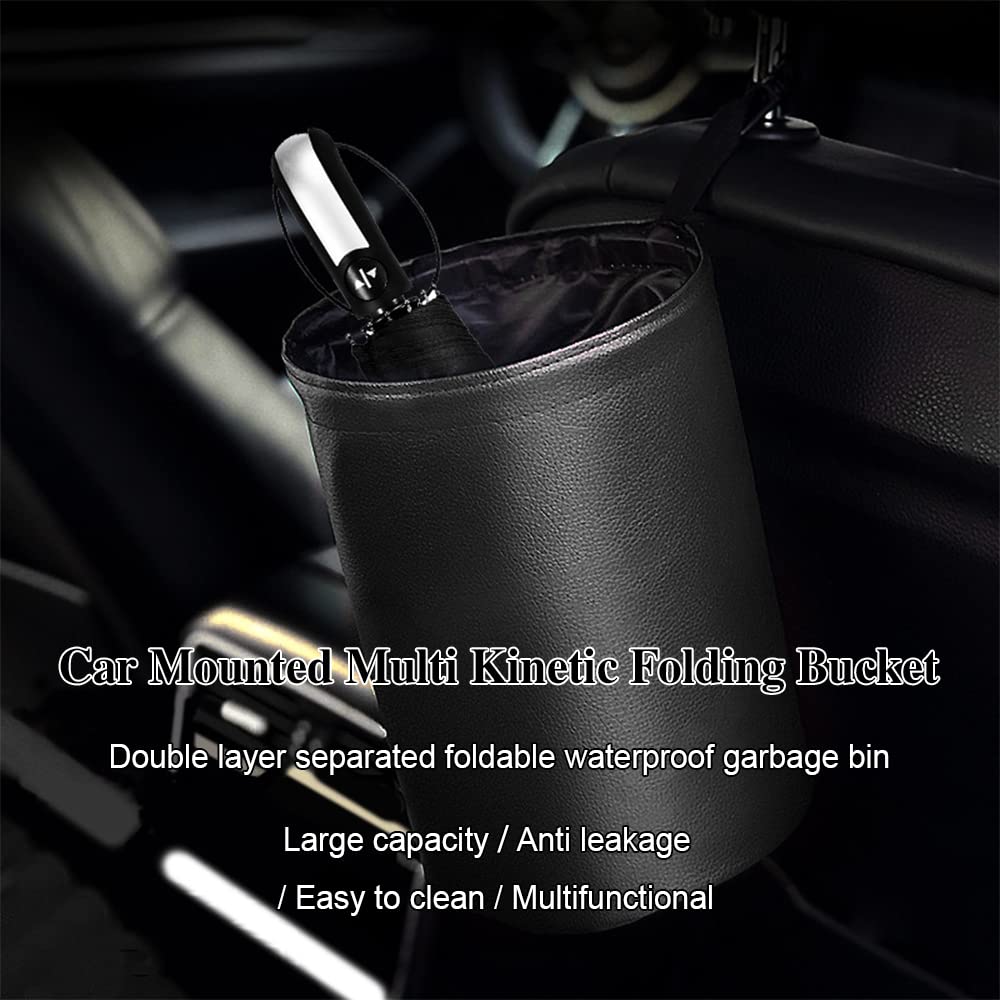 Collapsible Waterproof PU Leather Car Trash Can - Portable Pop Up Car Garbage Bin for SUV, Truck & Vehicle - Multipurpose Auto Interior Accessories for Road Trips, Commuting & Family Travel (Black)
