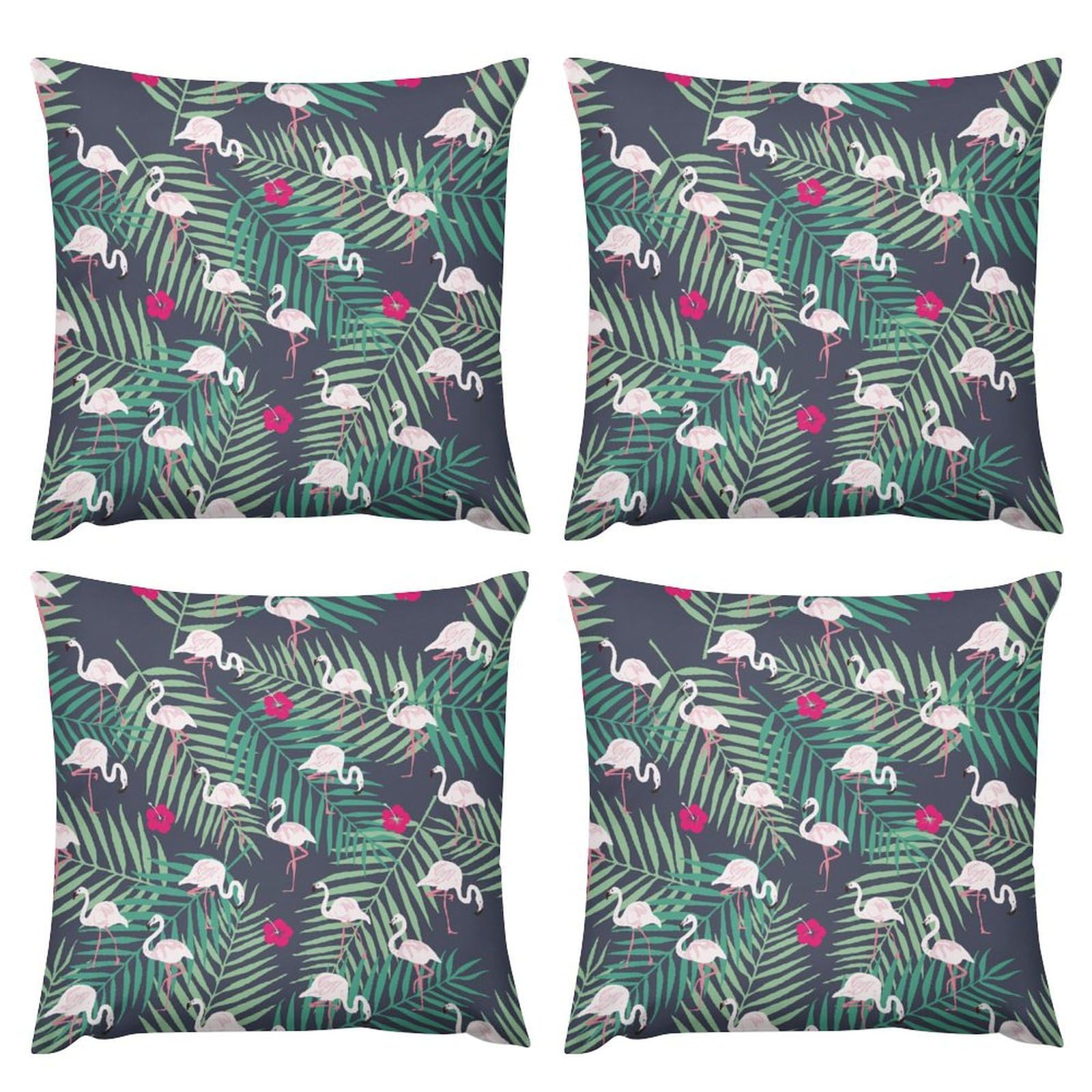 Tropical Flamingo & Leaf Plush Pillow Covers Set of 4 - 22x22 Inch Soft Cushion Cases for Sofa, Bed, Couch - Home Decor, Living Room Accessories, Tropical Themed Bedding