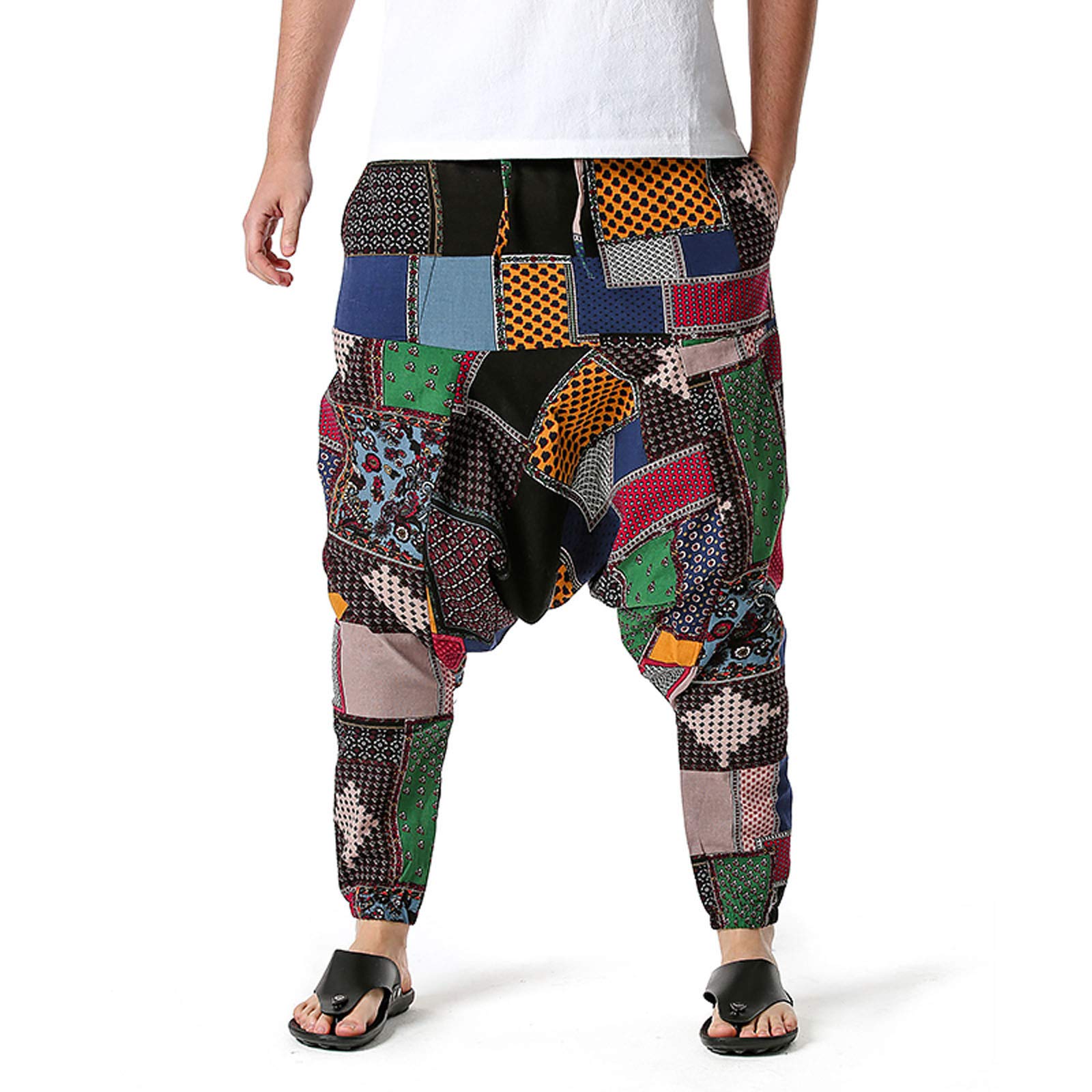 Bohemian Men's Hippie Harem Pants - Linen Drop Crotch Yoga Trousers with Elastic Waist | Loose Fit Boho Casual Pants for Meditation, Beach Wear & Lounge