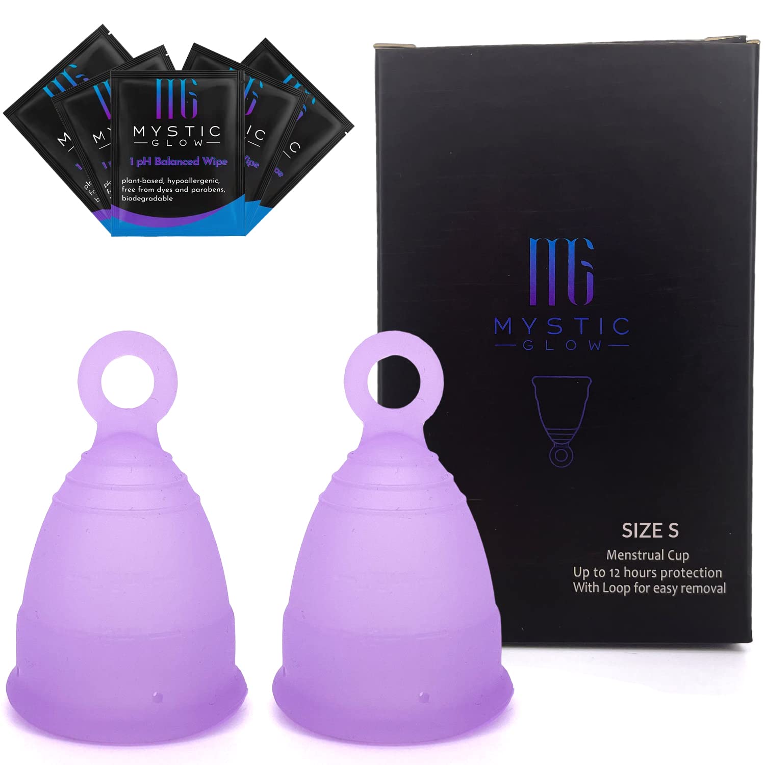 **MYSTIC GLOW Reusable Menstrual Cup – Soft, Flexible & Easy to Clean | 2 Small Cups + 5 Hygienic Bamboo Wipes | Eco-Friendly Tampon & Pad Alternative | Perfect for Travel, Gym & Active Lifestyles**