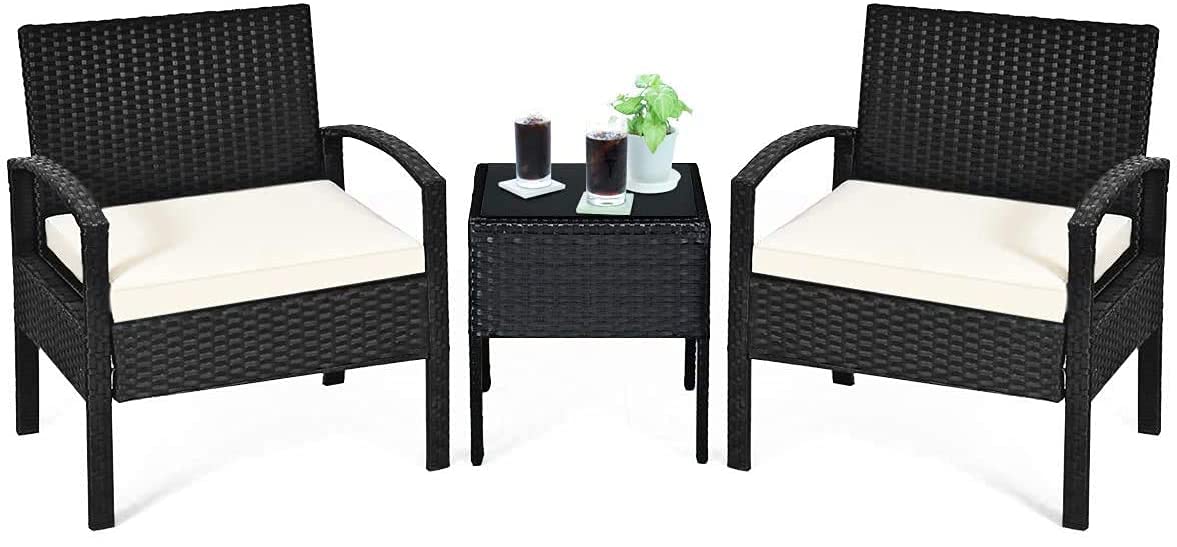 **HAPPYGRILL 3-Piece Patio Conversation Set - Outdoor Rattan Wicker Table & Chairs with Cushions - Modern Bistro Furniture for Garden, Balcony, Backyard - Perfect for Relaxing, Entertaining & Outdoor Dining**