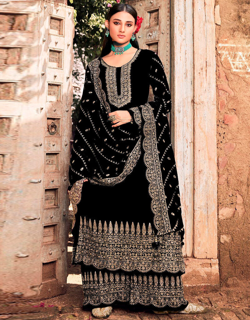 Elegant Black Palazzo Style Salwar Suit - Faux Georgette Fabric for Women's Ethnic Wear - Perfect for Weddings, Parties & Festive Occasions