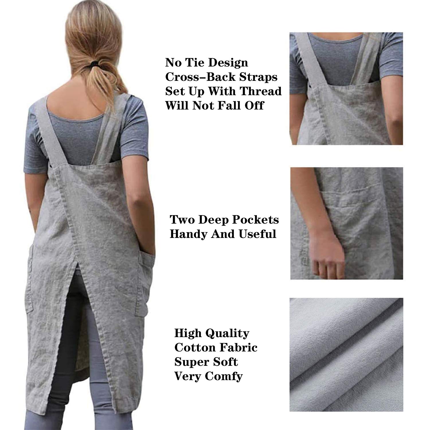 Premium Cotton Linen Cross Back Apron for Women - Adjustable Kitchen Apron with Pockets for Baking, Cooking & Grilling - Comfortable Pinafore Dress for Home Chefs & Professional Cooks