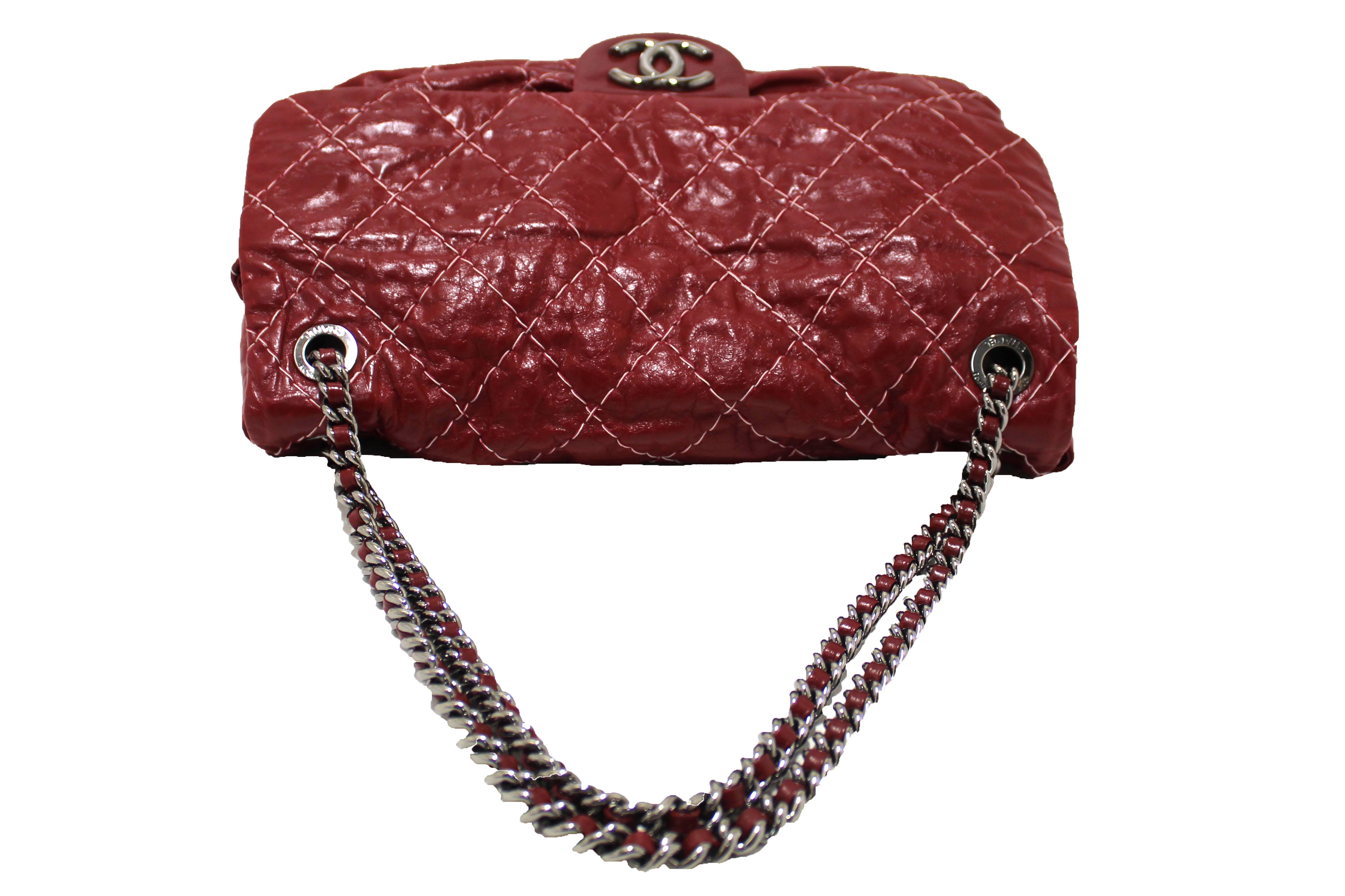 Authentic Chanel Stitch Dark Red Glazed Aged Calfskin Leather Maxi Single Flap Bag - Luxury Designer Handbag for Women, Perfect for Evening Events, Parties & Special Occasions