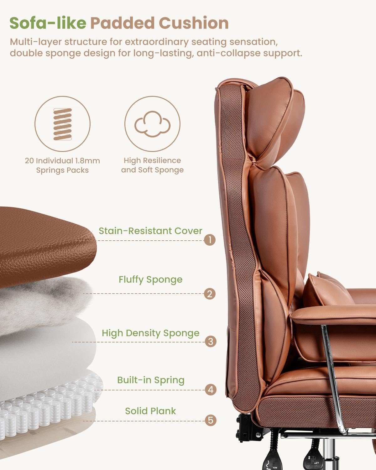 Ergonomic Office Chair with Lumbar Support - High Back Gaming Chair with Adjustable Footrest for Big and Tall Adults - Reclining Computer Desk Chair (Brown) - Perfect for Home Office, Gaming Setup & Workspace Comfort