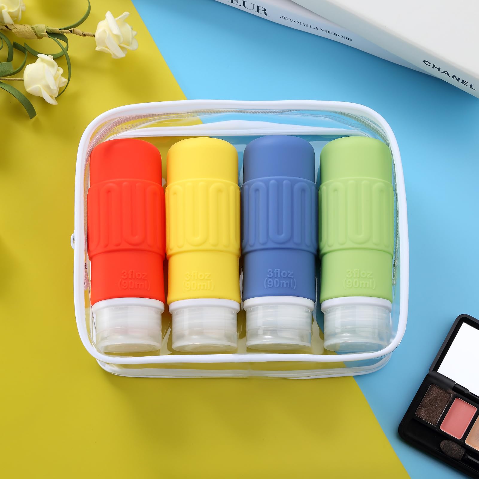 BPA Free Leak Proof Silicone Travel Bottles (4 Pack) - TSA Approved 3oz Reusable Toiletry Containers for Shampoo, Soap & Liquids with Travel Bag - Perfect for Air Travel, Gym & Vacation Essentials