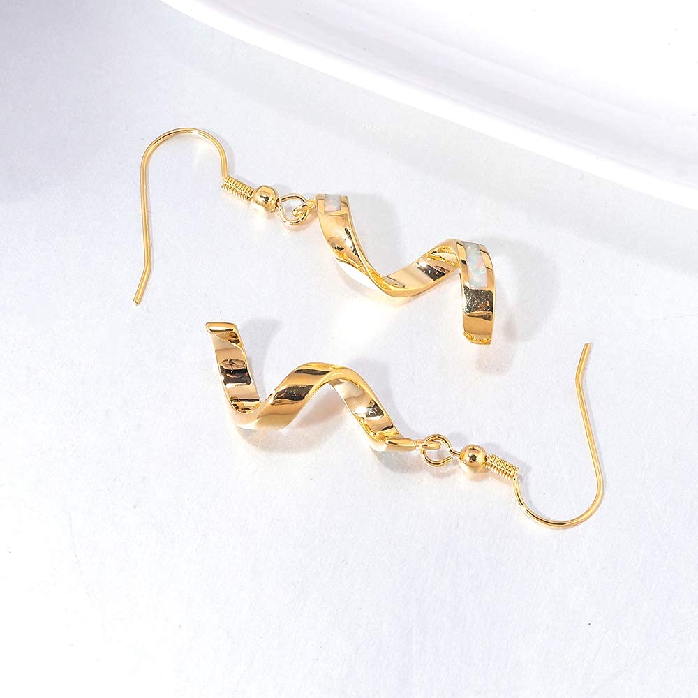 CiNily Sterling Silver Plated Opal Dangle Drop Earrings for Women | Elegant Spiral Ribbon Hook Earrings with Birthstone | Perfect for Parties, Weddings & Everyday Wear