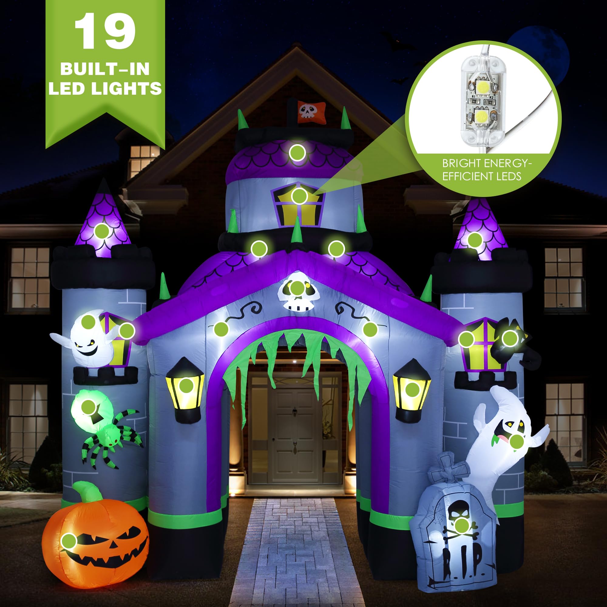 12.5 FT Giant Halloween Inflatable Haunted House Castle Archway - Outdoor Halloween Decorations for Front Lawn, Garden, and Yard - Spooky Blow Up Decor for Halloween Parties & Trick or Treating