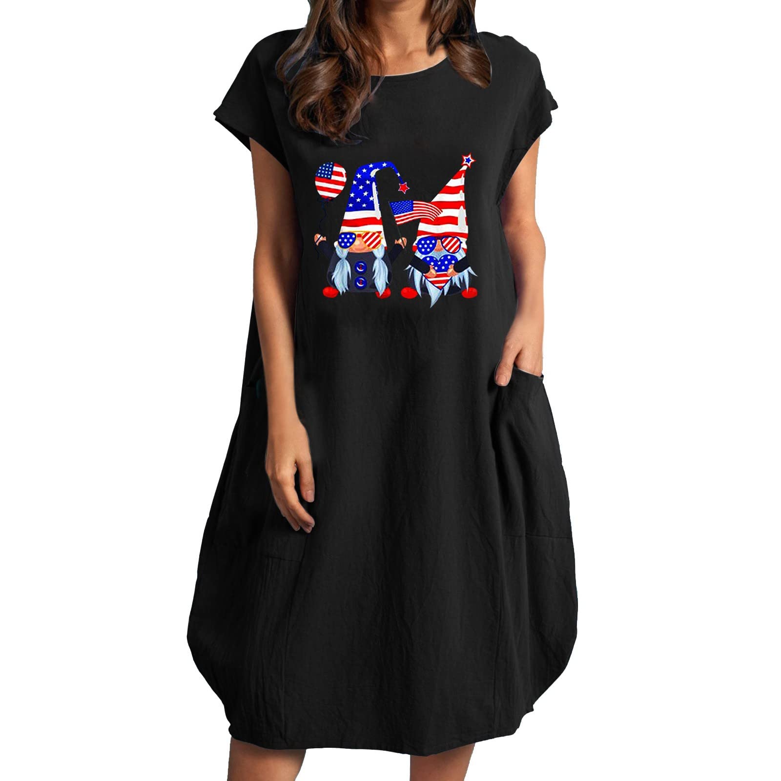 American Flag Printed Loose Short Sleeve Summer Dress for Women - Round Neck Casual Long Dress for 4th of July, Beach Outings & Patriotic Events