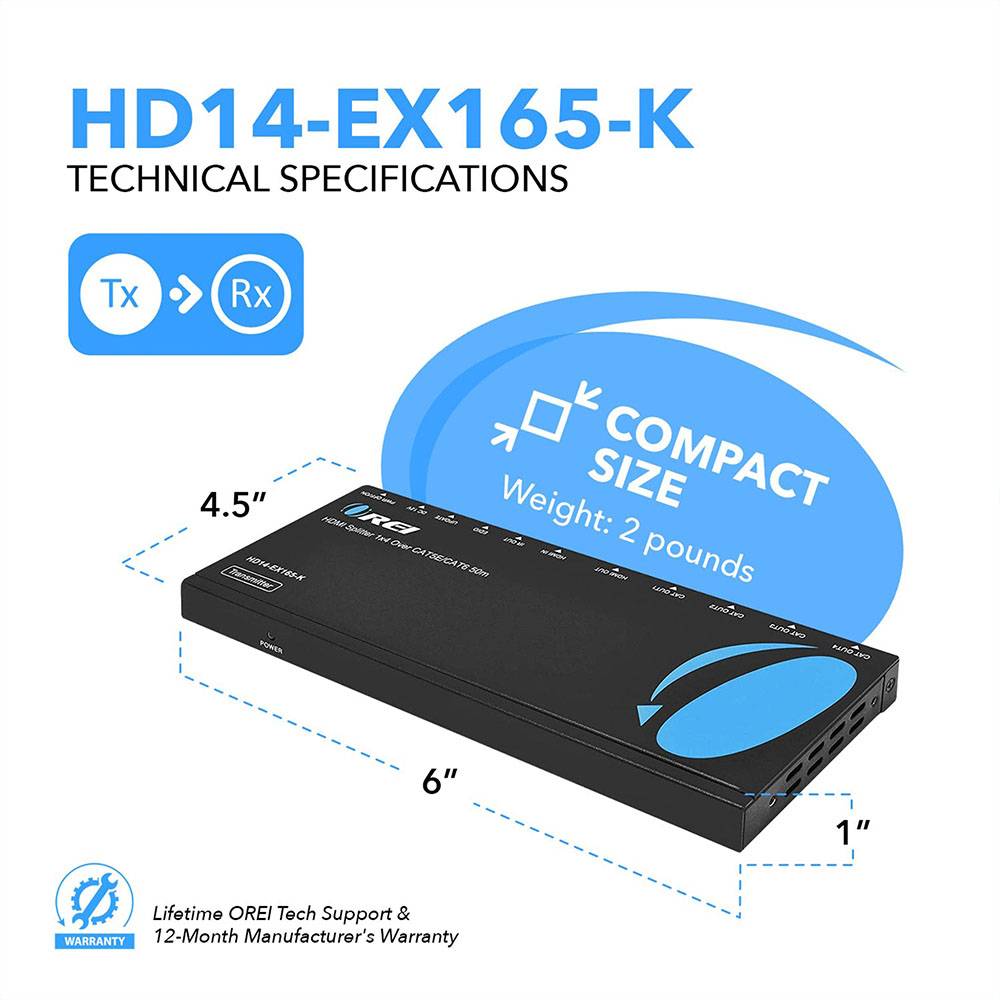 1x4 HDMI Extender Splitter over CAT6 - 4K 60Hz HDR, 165ft/70m Range, HDCP 2.2 Compatible (HD14 EX165 K) - Perfect for Home Theater, Conference Rooms & Multi-Screen Setups