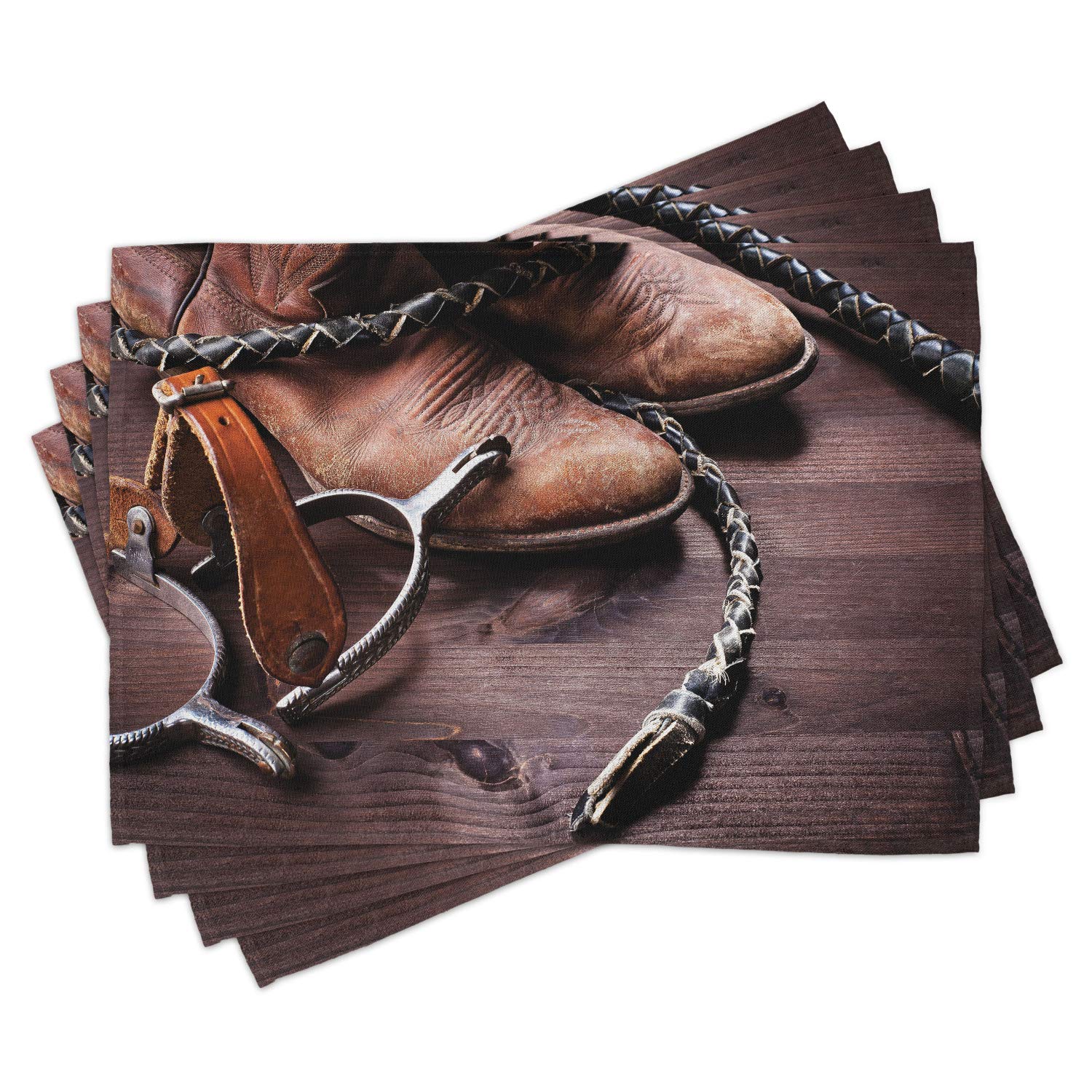 Ambesonne Western Placemats Set of 4 - Rustic Leather Boots & Spurs Rodeo Decor, Washable Fabric Table Mats for Dining Room & Kitchen, Brown (USA Style) - Perfect for Cowboy Theme Parties, Western Home Decor, and Ranch Style Dining
