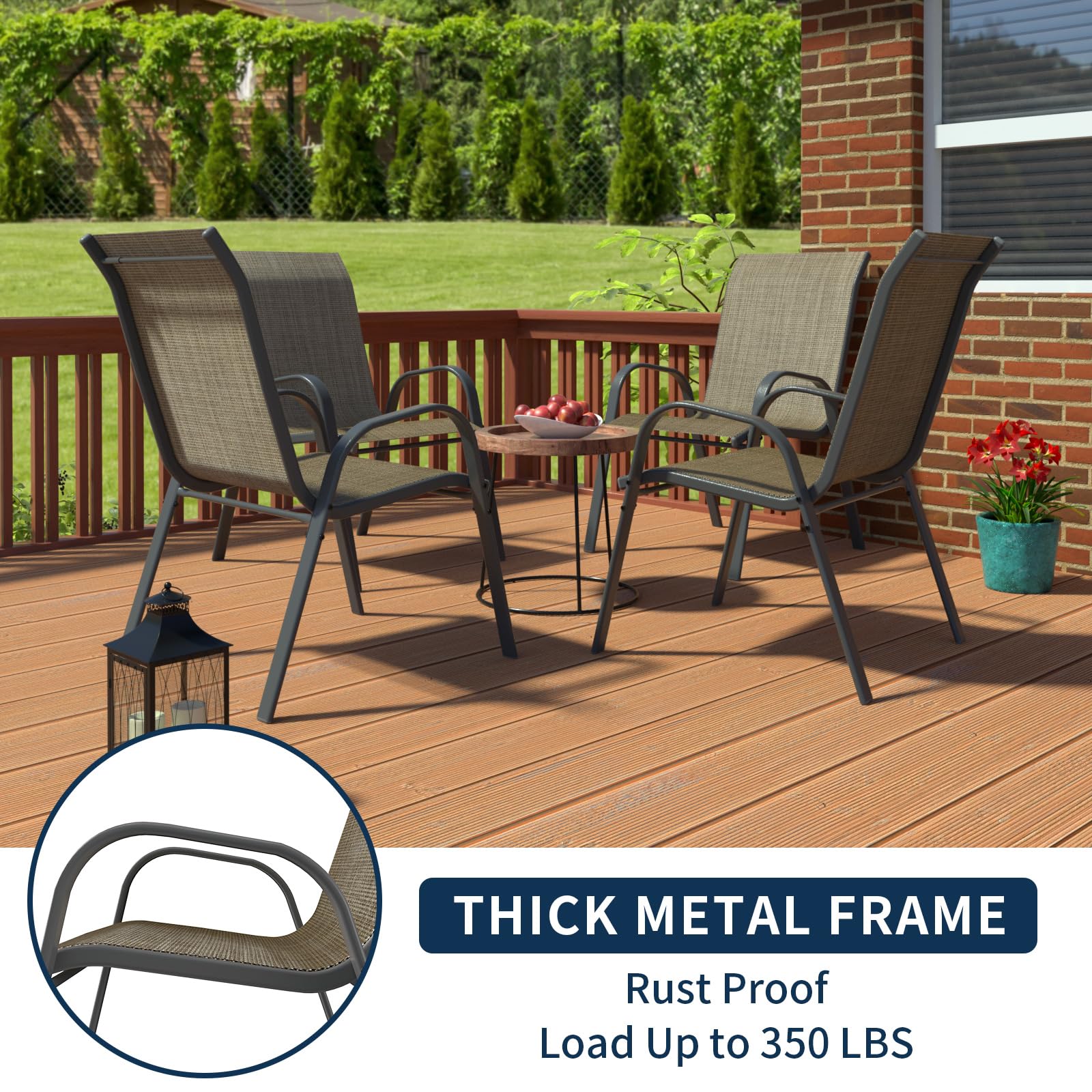 Amopatio 4-Piece Stackable Patio Chairs Set - All-Weather Outdoor Dining Chairs in Dark Brown - Breathable Garden Furniture for Backyard, Deck, Poolside & BBQ Gatherings