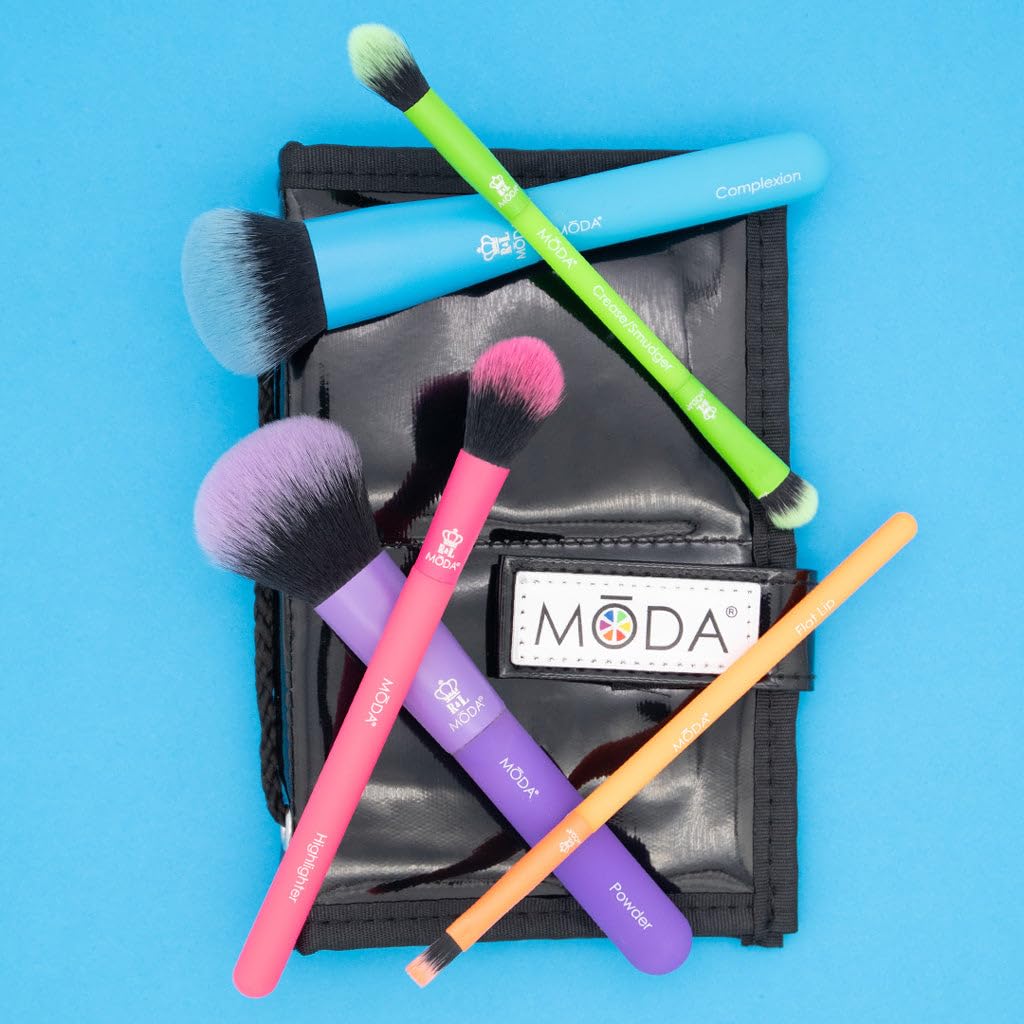 MODA Totally Electric 6-Piece Travel Makeup Brush Set with Flip Case - Powder, Complexion, Highlighter, Crease/Smudger & Lip Brushes | Perfect for On-The-Go Touch Ups & Professional Makeup Application