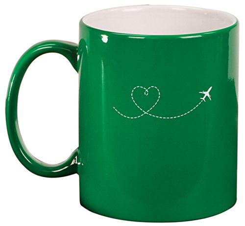 Ceramic Coffee Mug with Heart & Love Design - Travel Airplane Themed Tea Cup (Green) - Perfect for Home, Office, and Travel Use