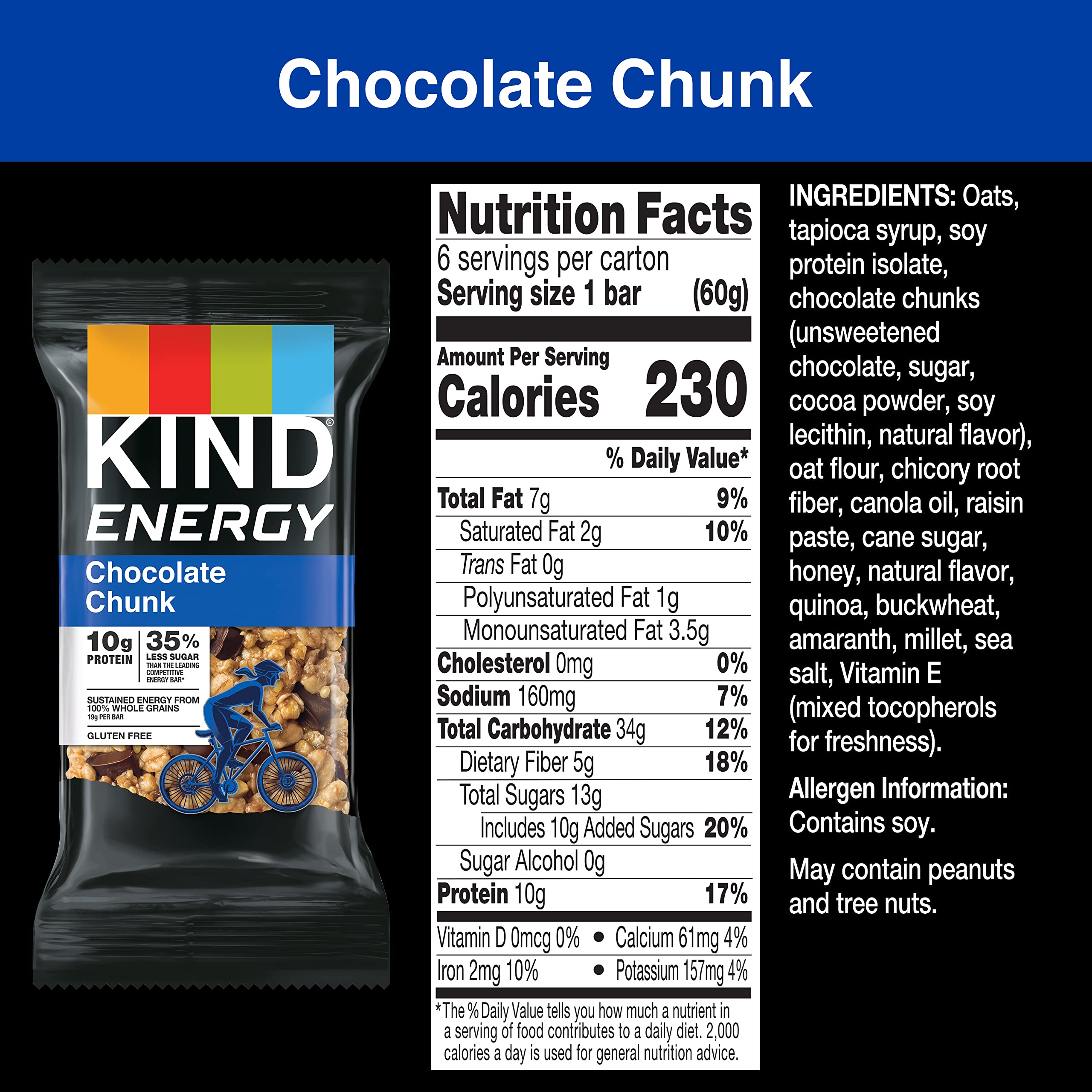 KIND Chocolate Chunk Protein Bars - Gluten Free Healthy Snacks with 10g Protein (30 Count) - Perfect for On-the-Go Energy, Workouts & Office Snacking