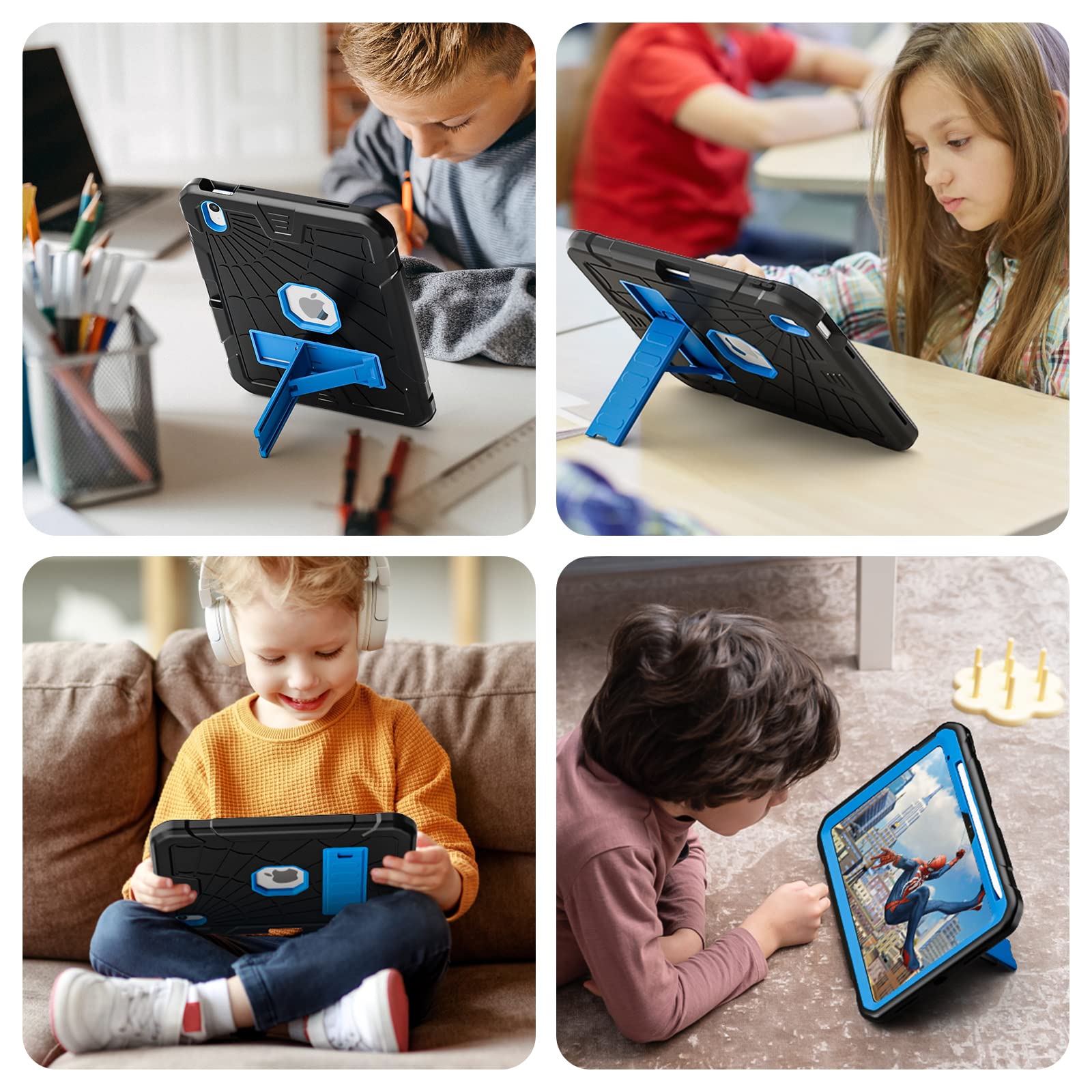 Sibeitu Rugged Shockproof Case for iPad 10th Generation (2025/A16) 10.9 Inch - Hard Protective Cover with Pencil Holder & Built-in Stand | Durable iPad 10 Case for Kids, Students & Professionals | Perfect for School, Work & Travel (Black+Blue)