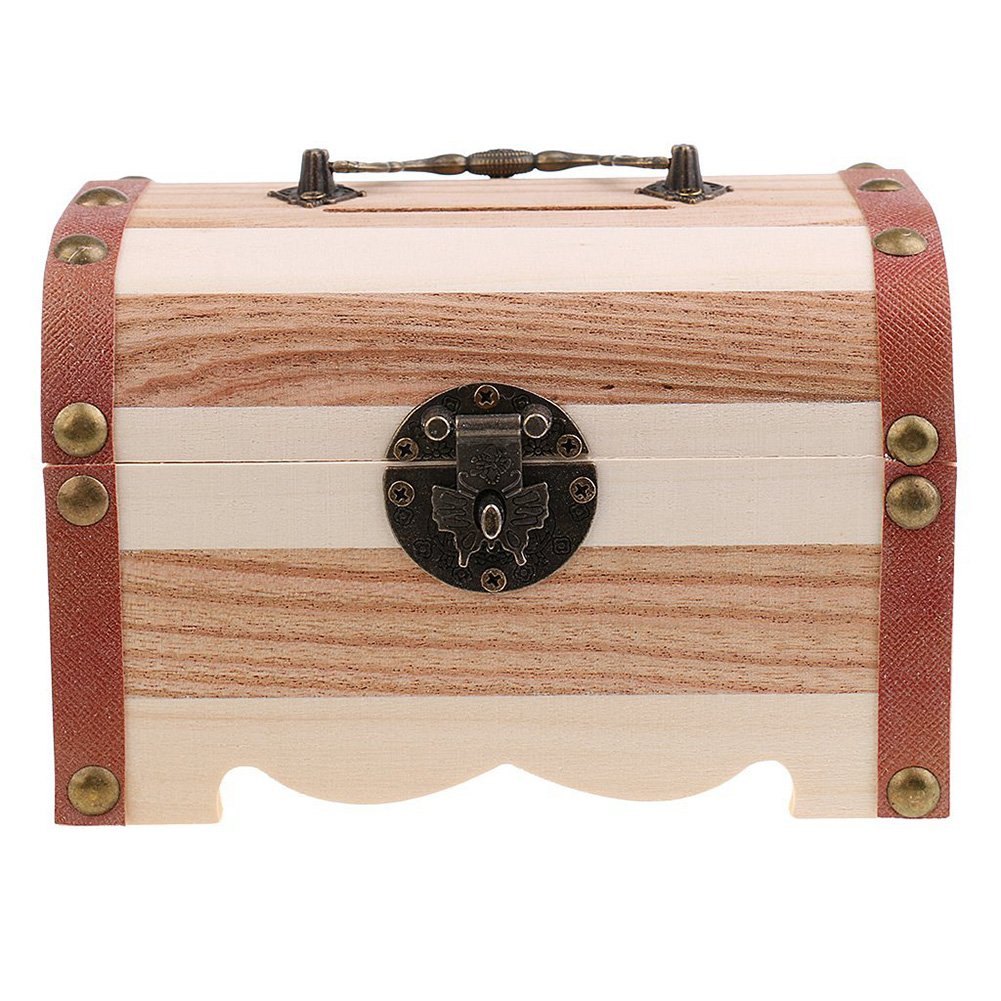 Handmade Wooden Treasure Chest Money Box with Lock & 2 Keys - Secure Piggy Bank, Jewelry Organizer & Cash Storage for Kids, Adults, Home & Office Use