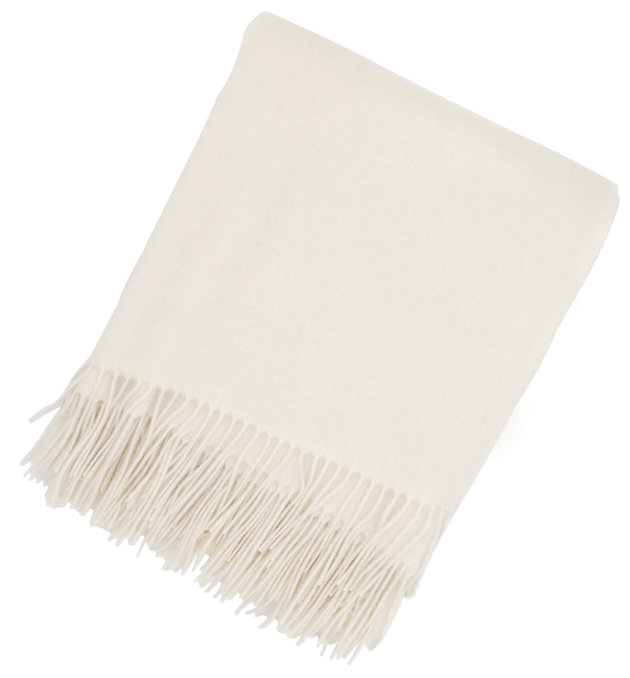 100% Pure Cashmere Throw Blanket - Ultra Soft Undyed White Luxury Blanket with Decorative Fringe for Couch, Sofa & Bed (60