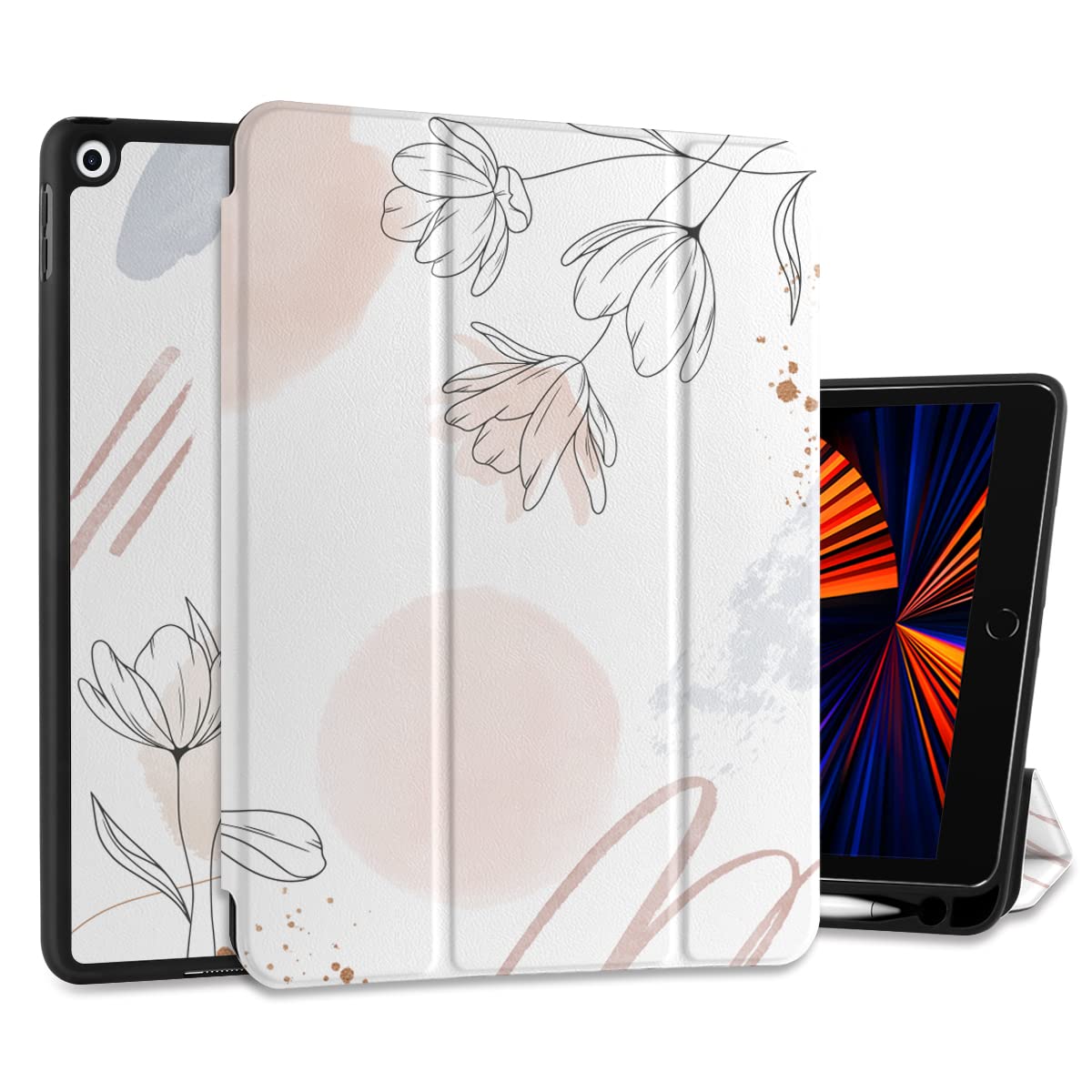 DONGKE iPad 10.2 Inch Case (2021/2020/2019) - Compatible with iPad 9th/8th/7th Generation | Slim Stand Protective Cover with Pencil Holder, Soft TPU Back & Auto Sleep/Wake | Abstract Floral Design - Perfect for Work, School & Travel