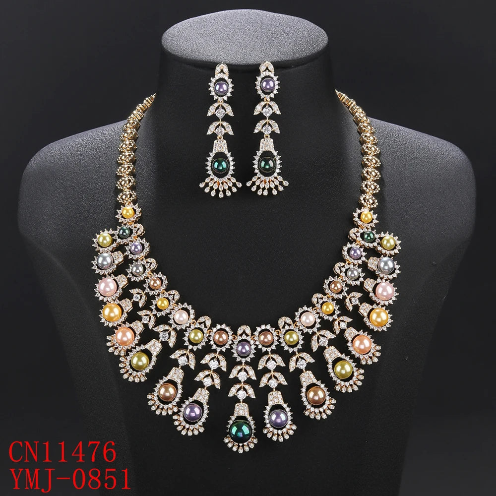 Luxury Cubic Zirconia 2-Piece Flower Pearl Necklace Set for Women - Nigeria Dubai Bridal Wedding Jewelry, Party Accessories CN11476 | Perfect for Weddings, Evening Parties, and Special Occasions