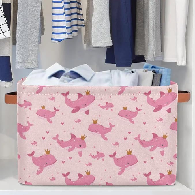 **Pink Cartoon Whale Large Fabric Storage Bins with Handles - 2 Pack Collapsible Organizer Baskets for Shelves, Closet, Toys & Clothes - Perfect for Home, Nursery, and Kids' Room Organization**