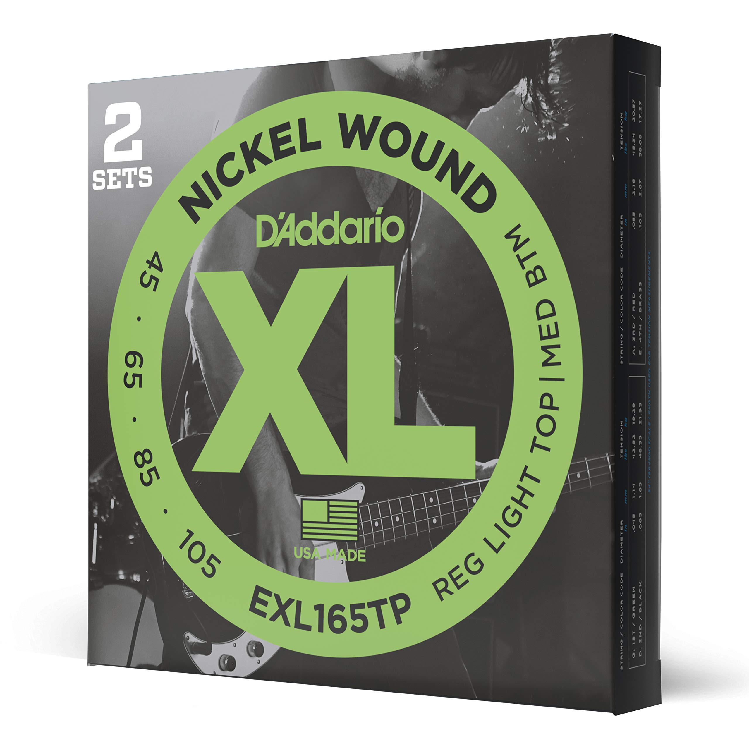 D'Addario EXL165TP XL Nickel Bass Guitar Strings - 45-105 Regular Light Top/Medium Bottom, Long Scale, 2-Pack | Superior Intonation, Feel & Durability for 4-String Bass Guitars | Perfect for Live Performances, Studio Recording & Practice Sessions