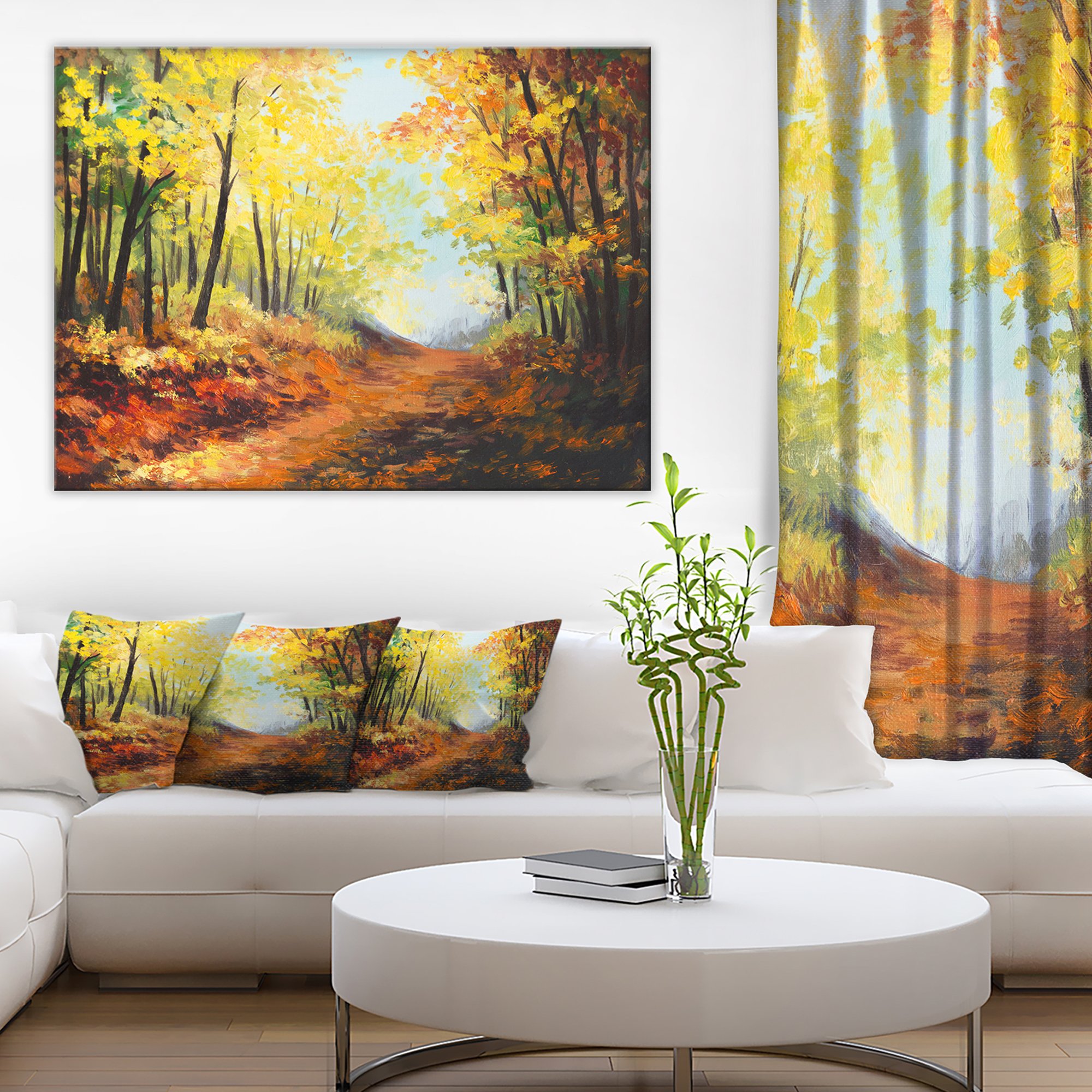 Autumn Forest Pathway Landscape Art Print - Nature Wall Decor for Living Room, Bedroom & Office - Scenic Fall Foliage Canvas Painting for Home Decor