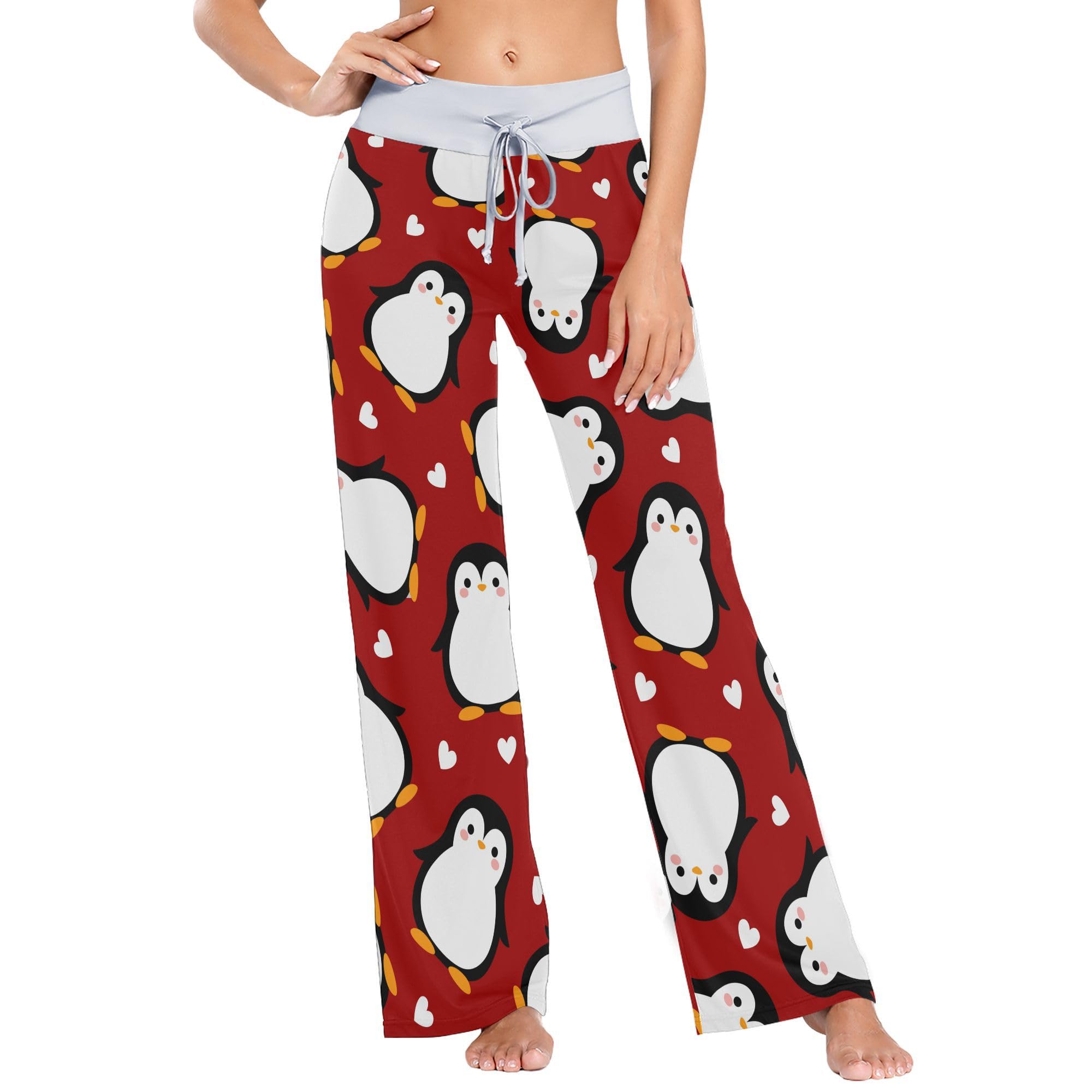 Fisyme Women's Penguin Cartoon Christmas Pajama Pants - Cozy Drawstring Wide Leg Sweatpants for Holiday Sleepwear & Lounge Wear | Perfect for Christmas Gifts, Winter Nights & Family Matching Pajamas