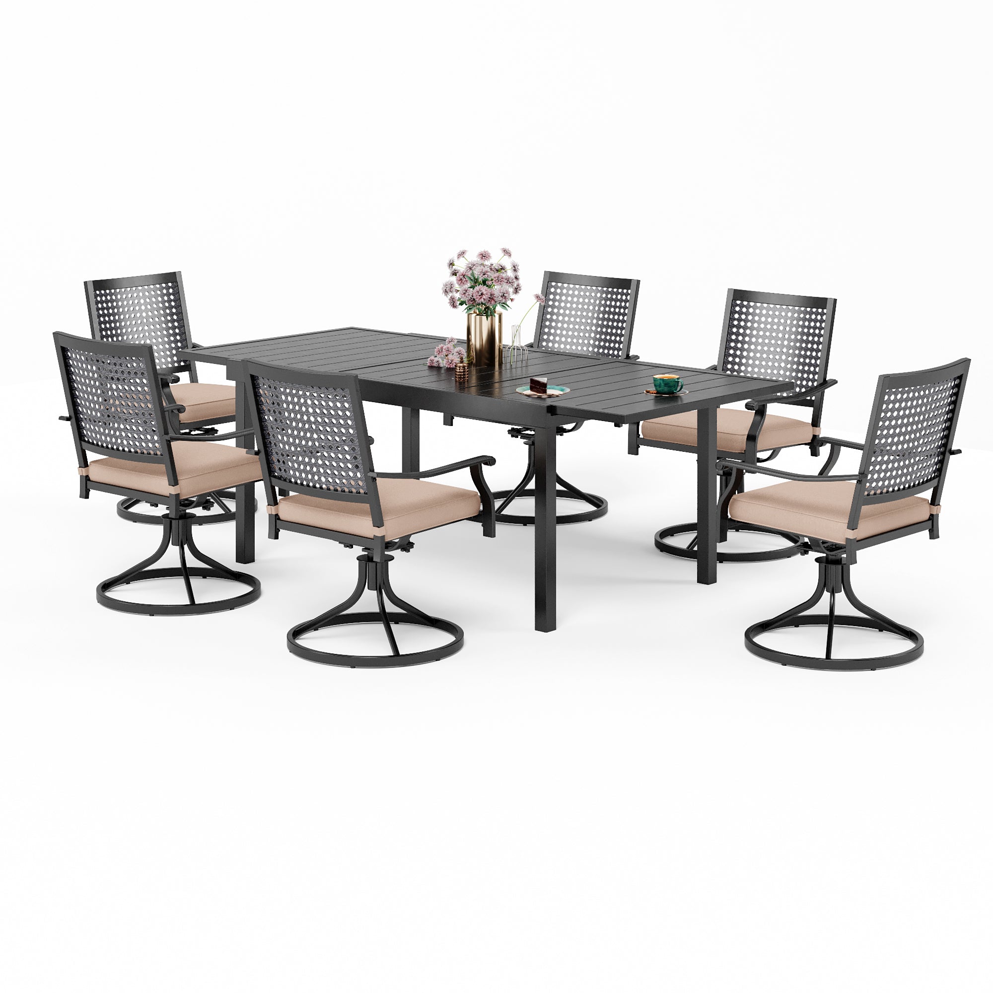 MFSTUDIO Outdoor Dining Set - Extendable Steel Table with Bull's Eye Pattern Chairs for Patio, Garden & Backyard | Weather-Resistant Dining Furniture for Outdoor Entertaining